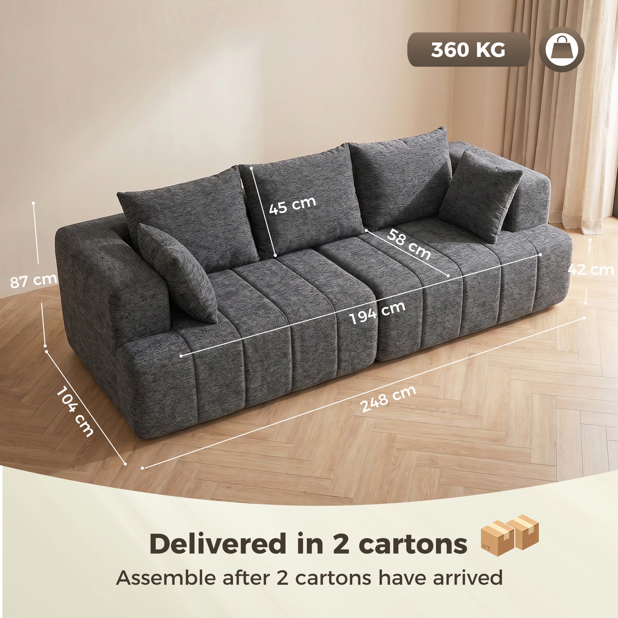 Canapé 3 places en chenille 248 cm, canapé salon moderne, large assise rembourrée, coussins à ressorts, larges accoudoirs, 2 coussins, base antidérapante, pour salon, chambre, gris