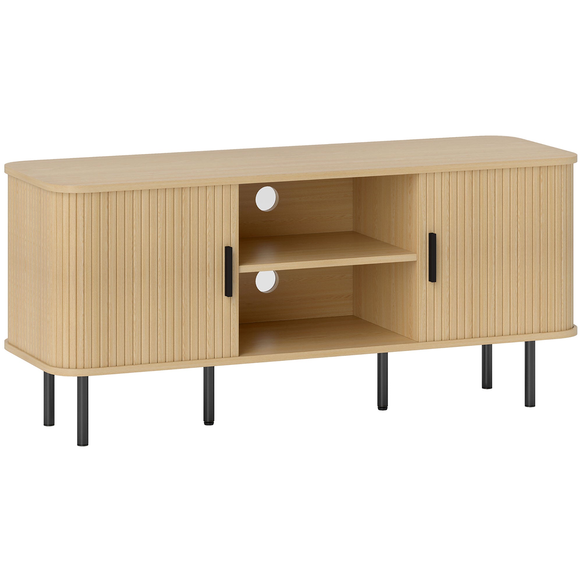 Meuble TV, banc TV, avec 2 portes tambour à lamelles, 120 cm, design scandinave, meuble TV pour télévision jusqu'à 55 pouces, ton chêne
