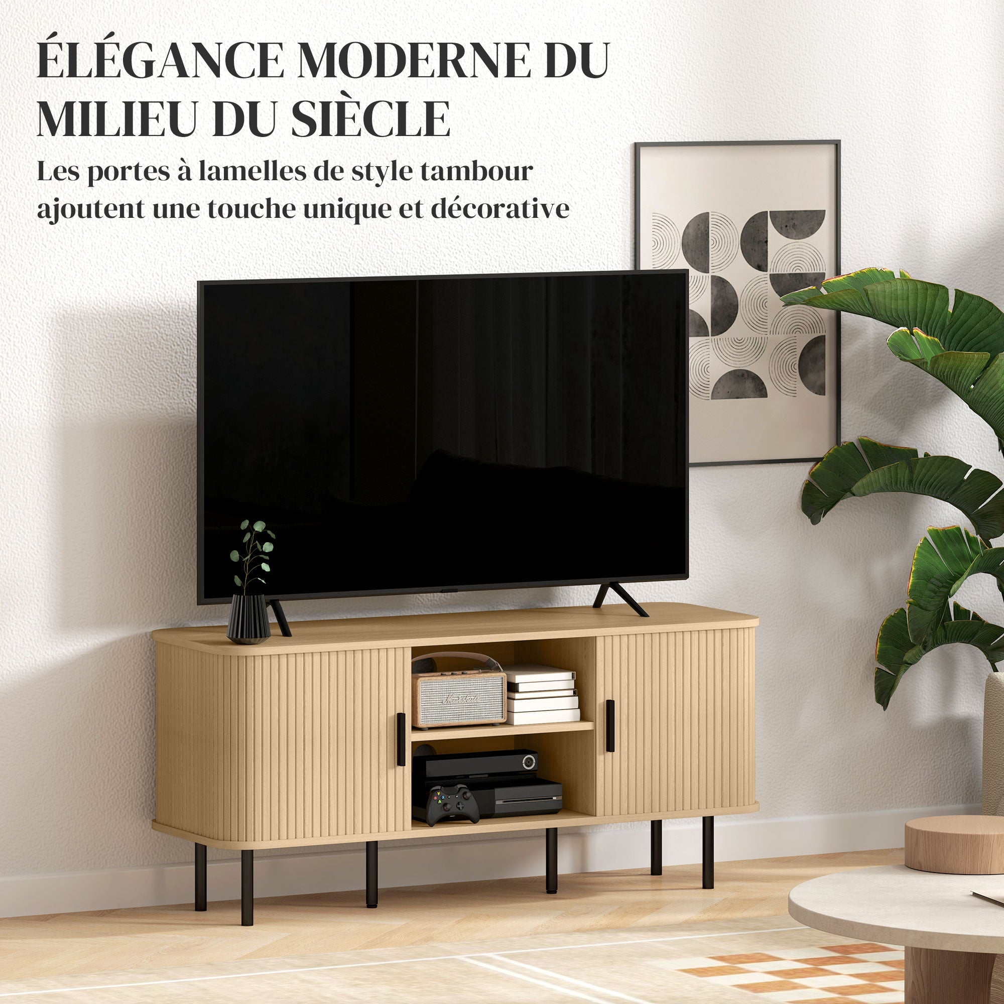 Meuble TV, banc TV, avec 2 portes tambour à lamelles, 120 cm, design scandinave, meuble TV pour télévision jusqu'à 55 pouces, ton chêne