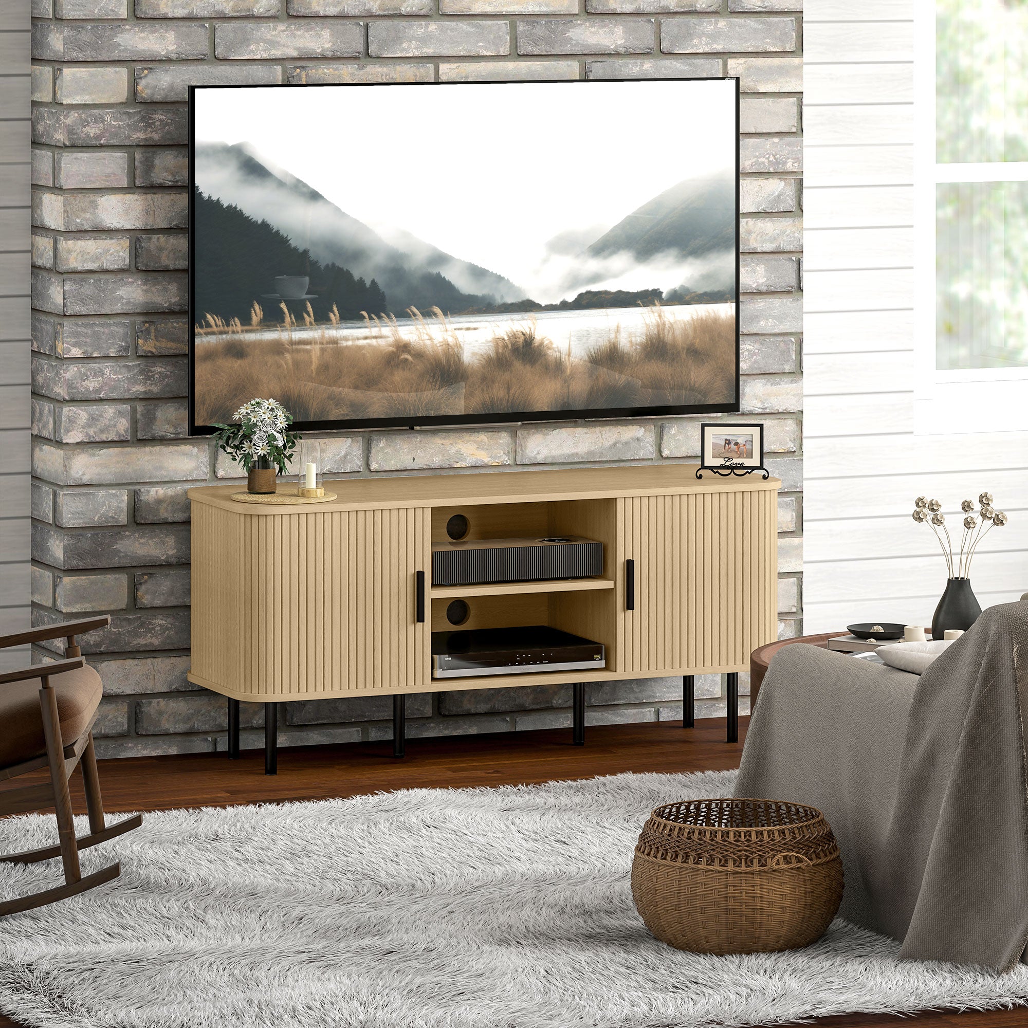 Meuble TV, banc TV, avec 2 portes tambour à lamelles, 120 cm, design scandinave, meuble TV pour télévision jusqu'à 55 pouces, ton chêne