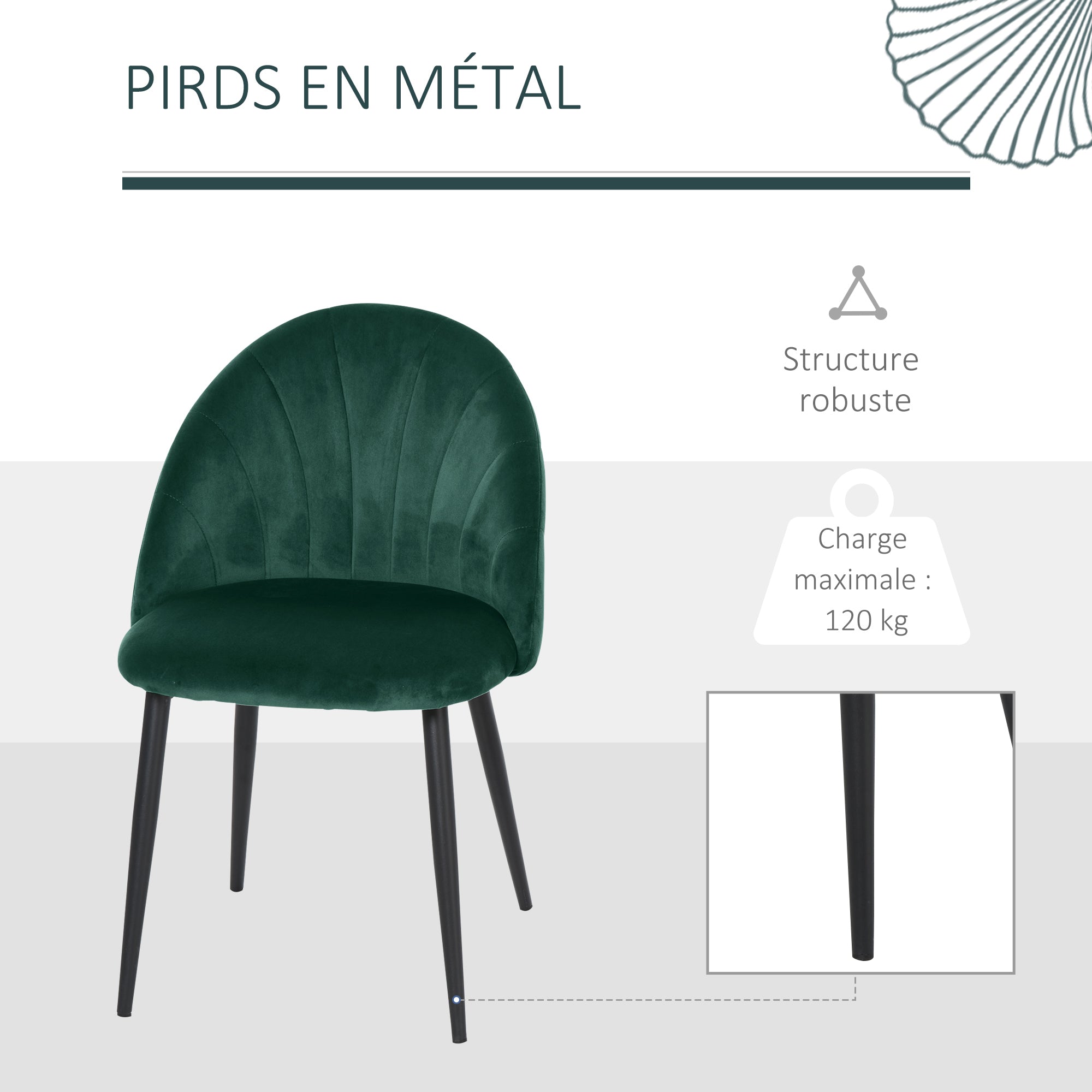 Lot de 2 chaises de Salle à Manger Chaise de Cuisine Velours Pieds métal vert dim. 52L x 54l x 79H cm