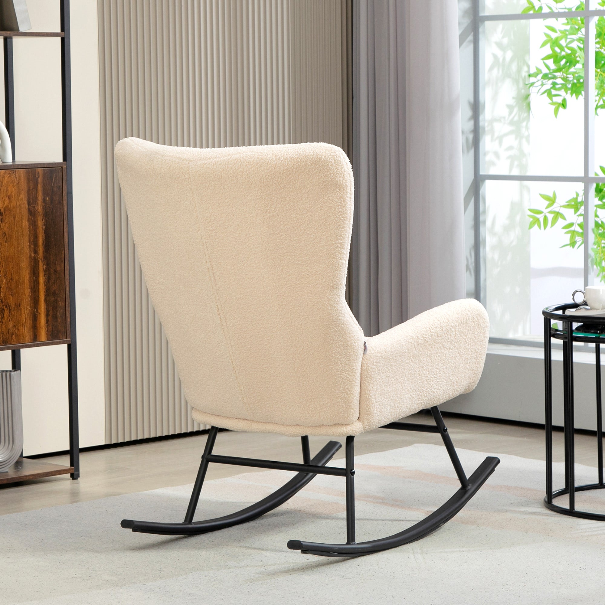Fauteuil à bascule, chaise à bascule, avec assise de 10 cm d'épaisseur, pieds incurvés en acier, capacité de charge 120 kg, pour salon, chambre, balcon, beige et noir