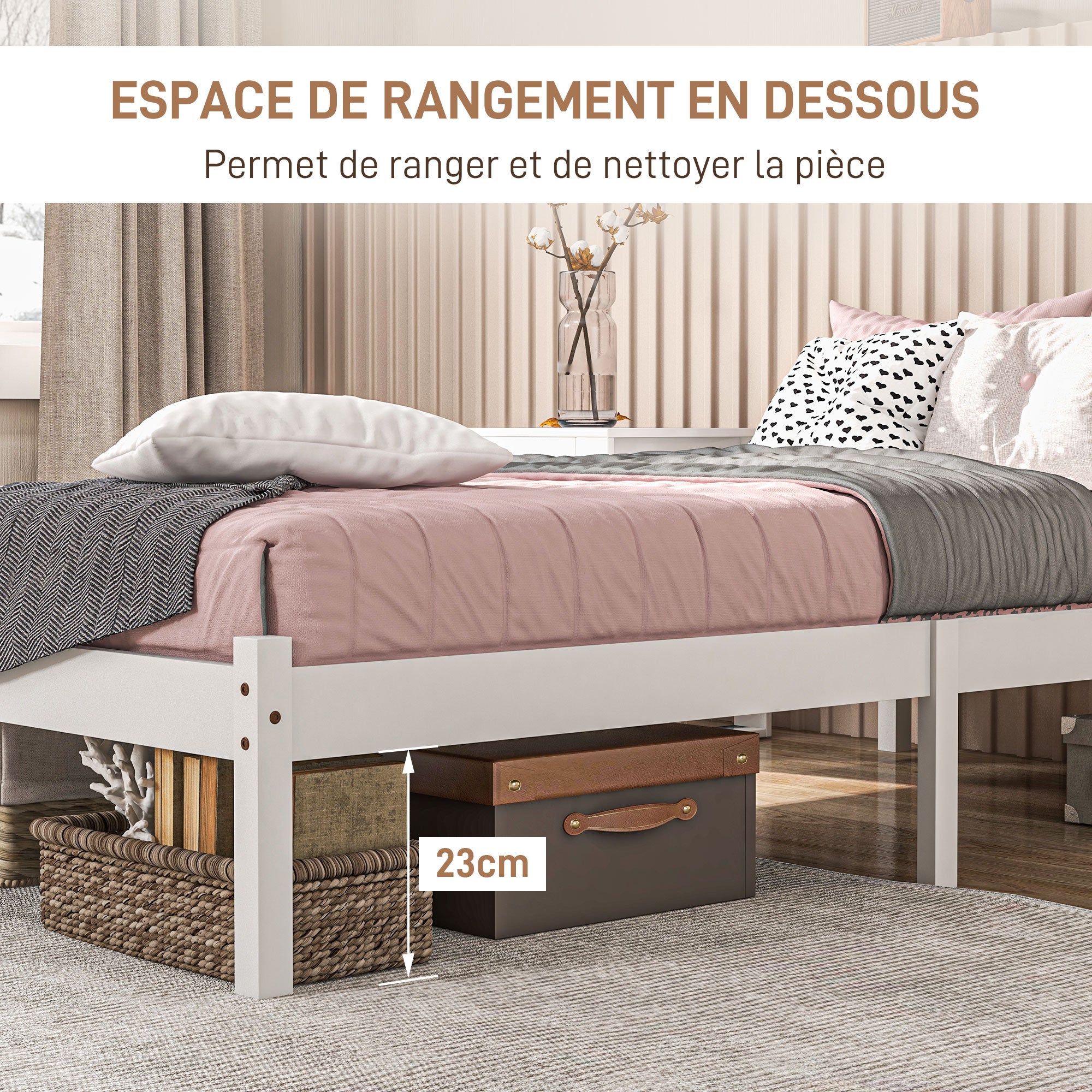 Cadre de lit en Bois Massif 90x190 cm Lit simple avec tête de lit et Sommier à Lattes Solide pour Enfants Adultes Blanc