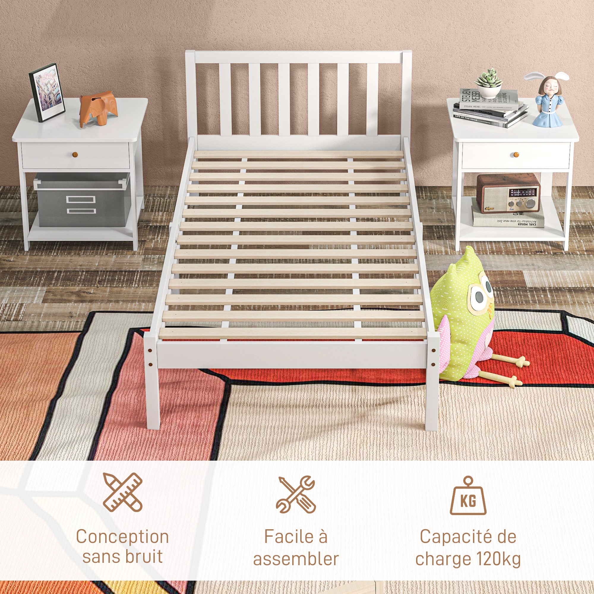Cadre de lit en Bois Massif 90x190 cm Lit simple avec tête de lit et Sommier à Lattes Solide pour Enfants Adultes Blanc