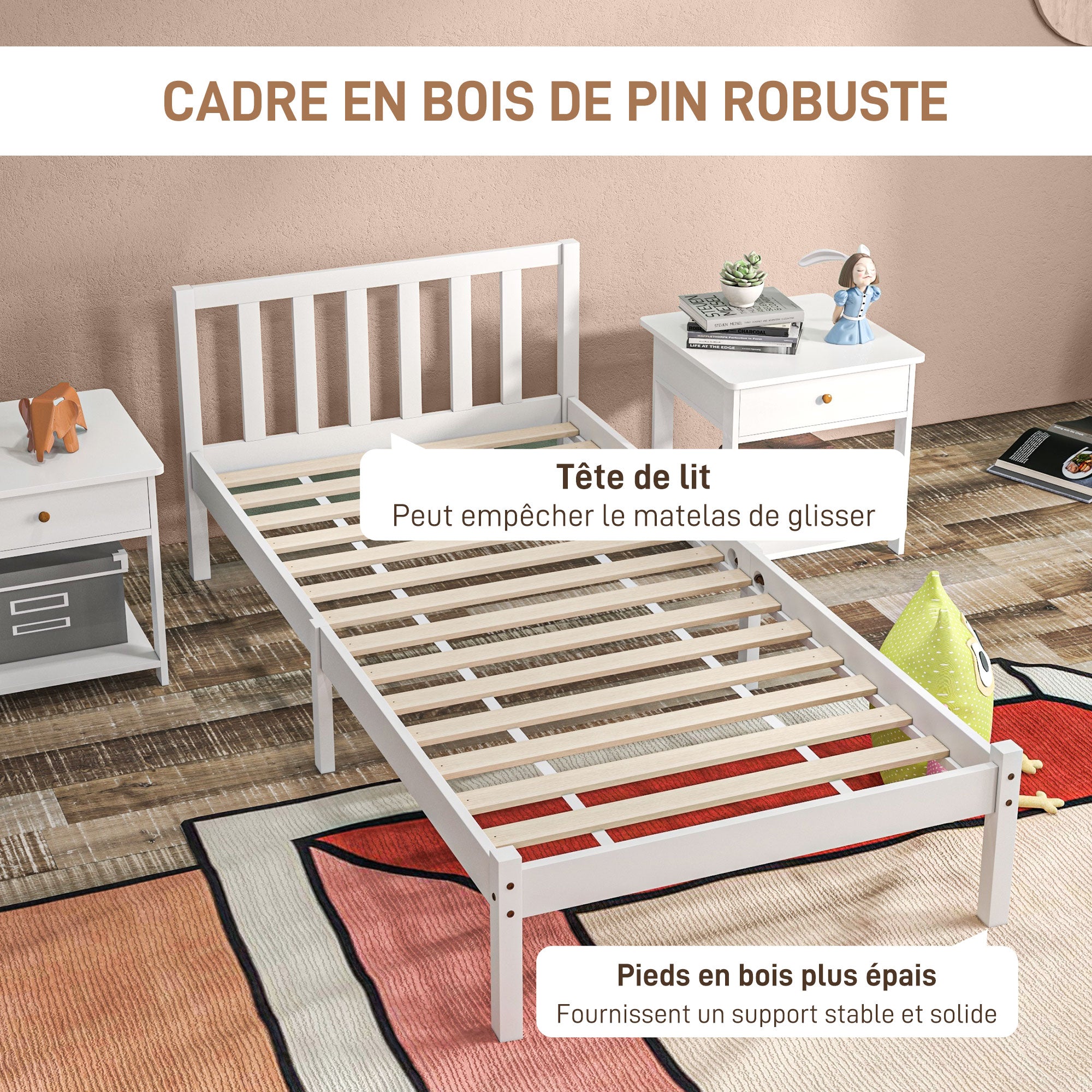 Cadre de lit en Bois Massif 90x190 cm Lit simple avec tête de lit et Sommier à Lattes Solide pour Enfants Adultes Blanc
