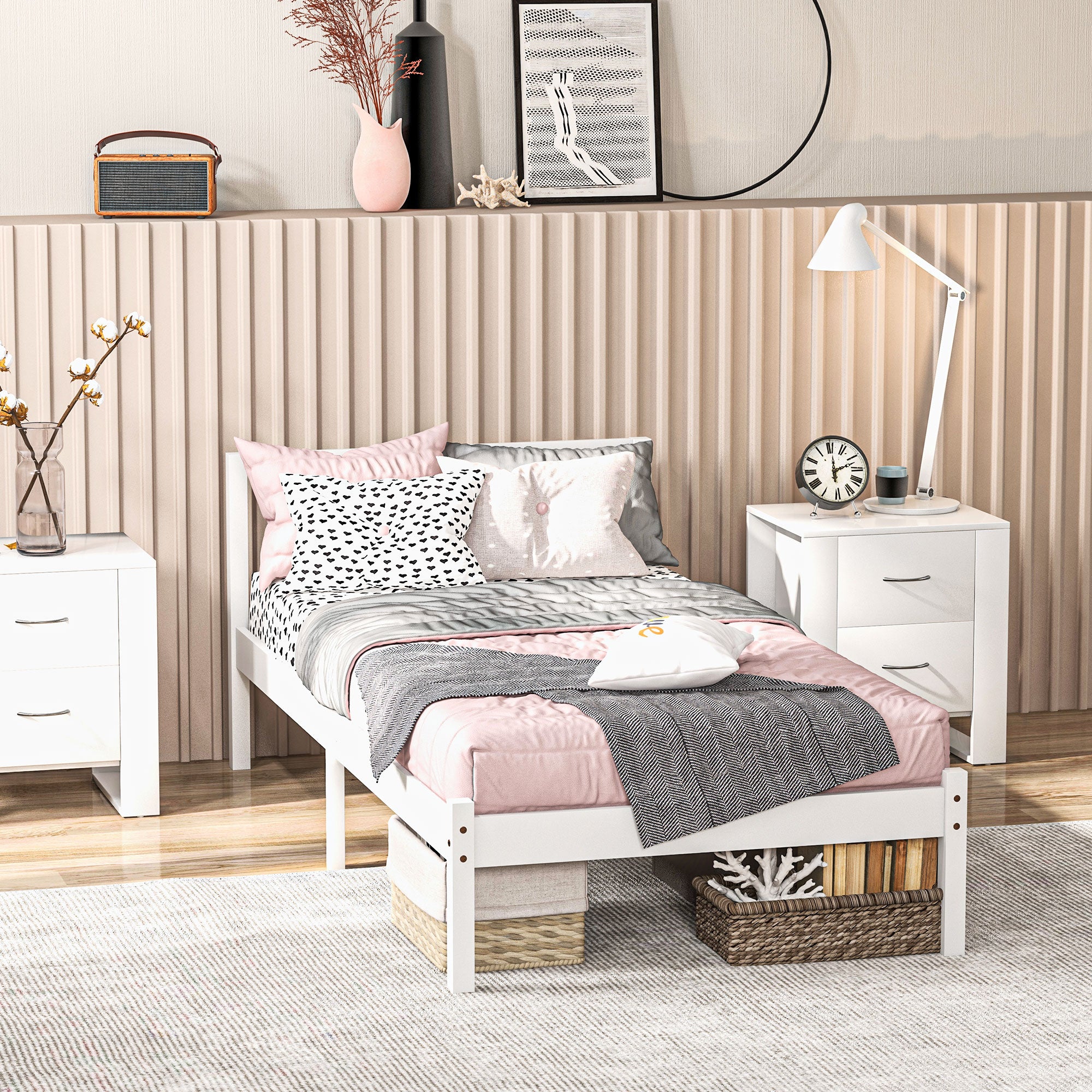 Cadre de lit en Bois Massif 90x190 cm Lit simple avec tête de lit et Sommier à Lattes Solide pour Enfants Adultes Blanc