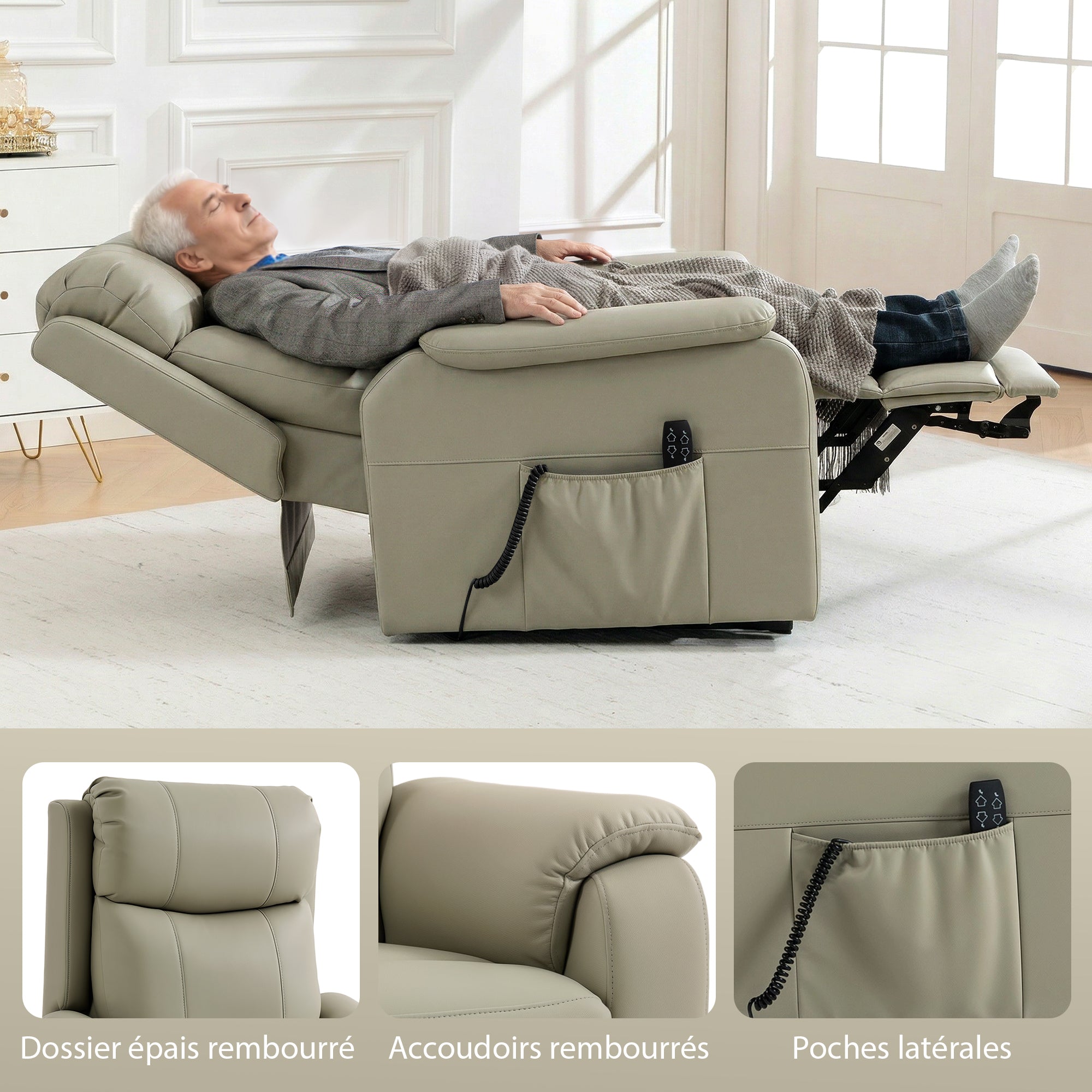 Fauteuil releveur électrique, fauteuil relax électrique, double moteur, dossier inclinable, coussin à ressorts, larges accoudoirs, repose-pied, roulettes, télécommande, poches latérales, crème