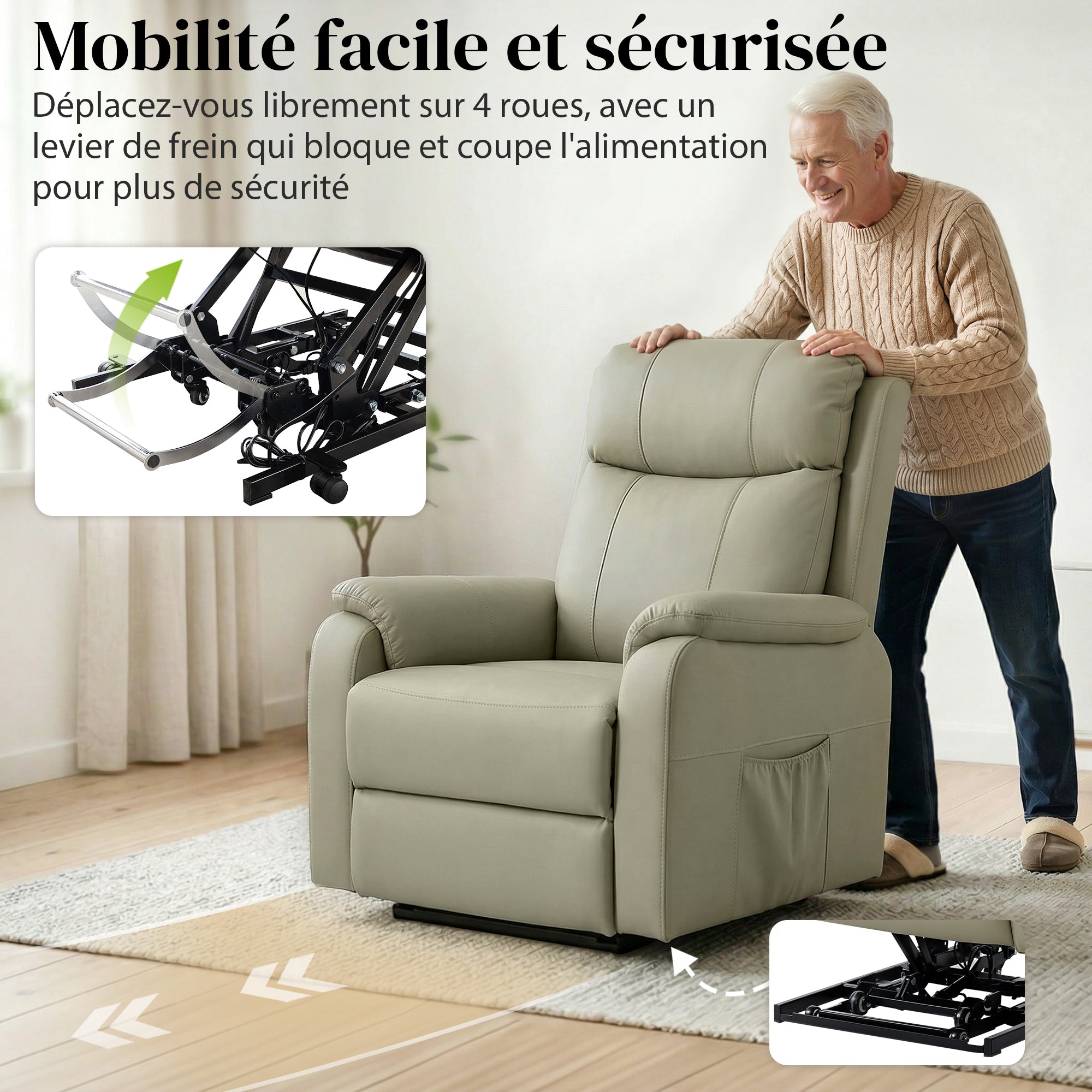 Fauteuil releveur électrique, fauteuil relax électrique, double moteur, dossier inclinable, coussin à ressorts, larges accoudoirs, repose-pied, roulettes, télécommande, poches latérales, crème