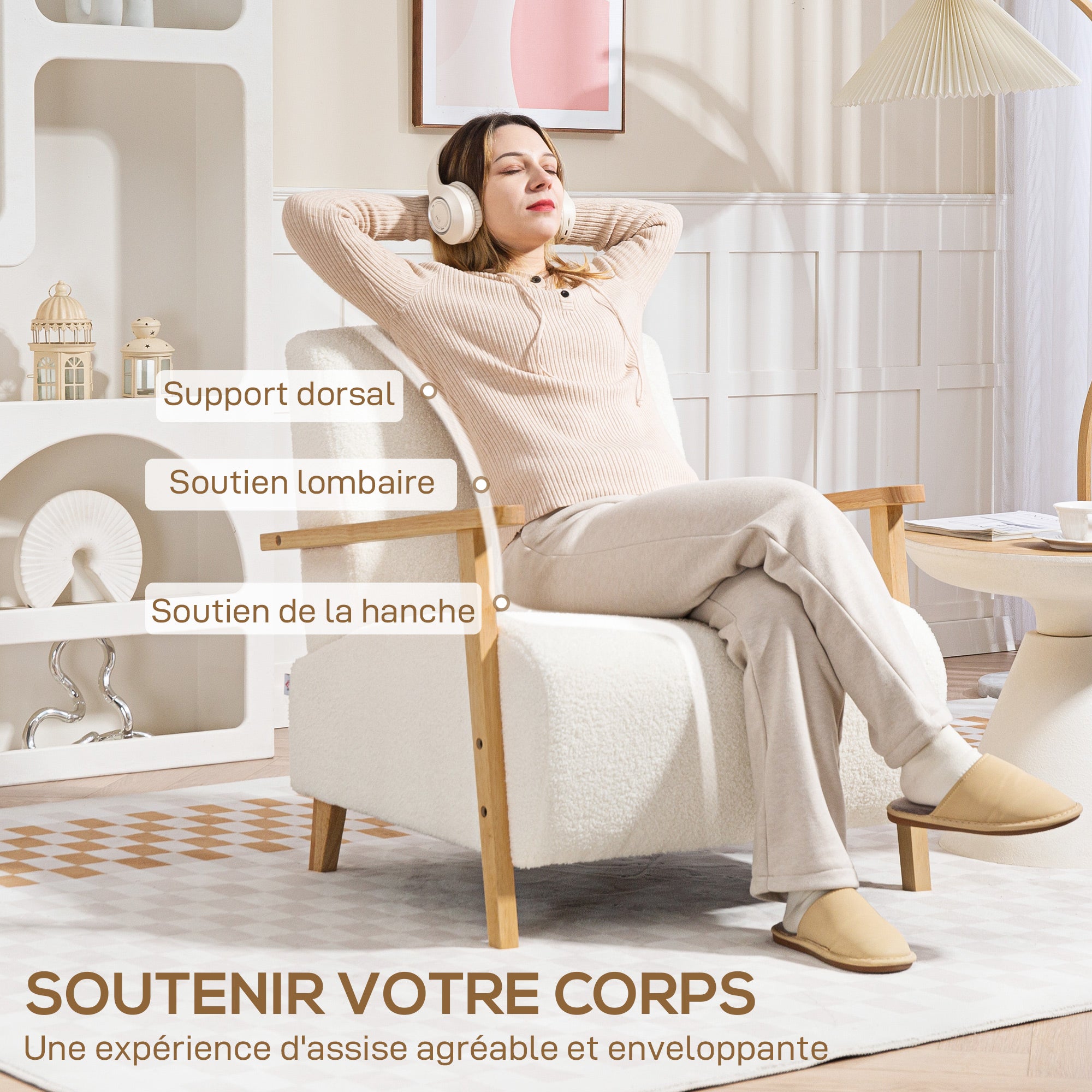 Fauteuil salon, fauteuil 1 place, style nordique, tissu effet laine bouclée, structure en bois massif, pour salon, chambre à coucher, salle d'étude, crème