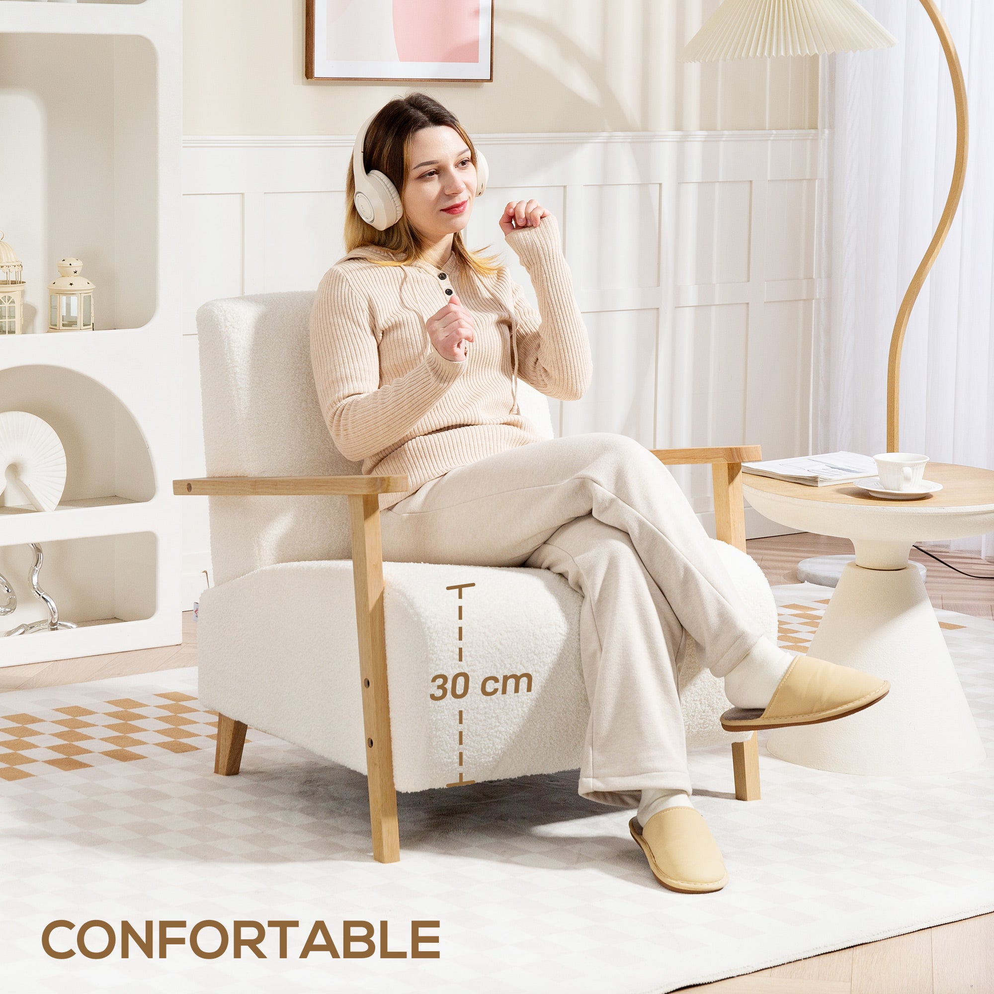 Fauteuil salon, fauteuil 1 place, style nordique, tissu effet laine bouclée, structure en bois massif, pour salon, chambre à coucher, salle d'étude, crème