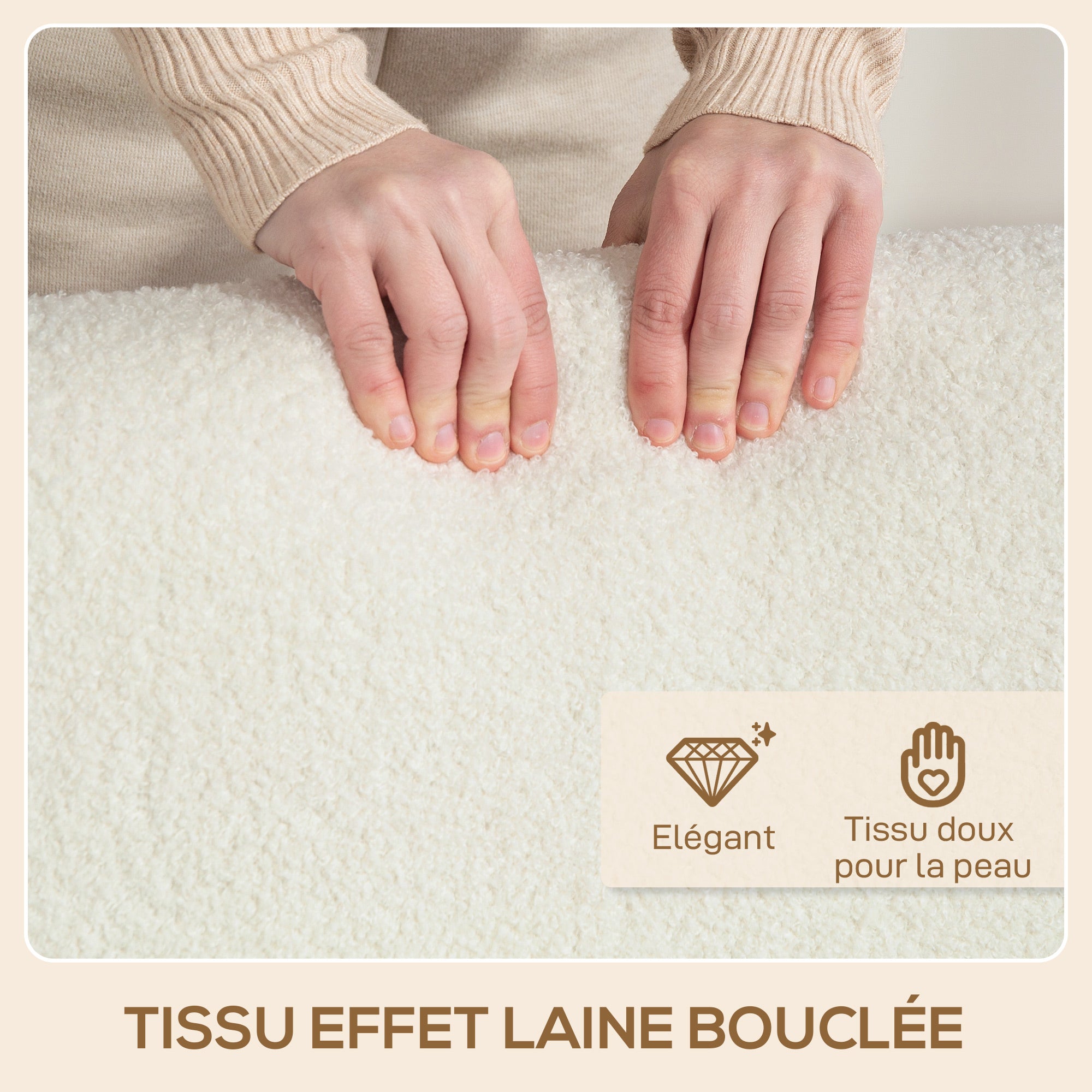 Fauteuil salon, fauteuil 1 place, style nordique, tissu effet laine bouclée, structure en bois massif, pour salon, chambre à coucher, salle d'étude, crème