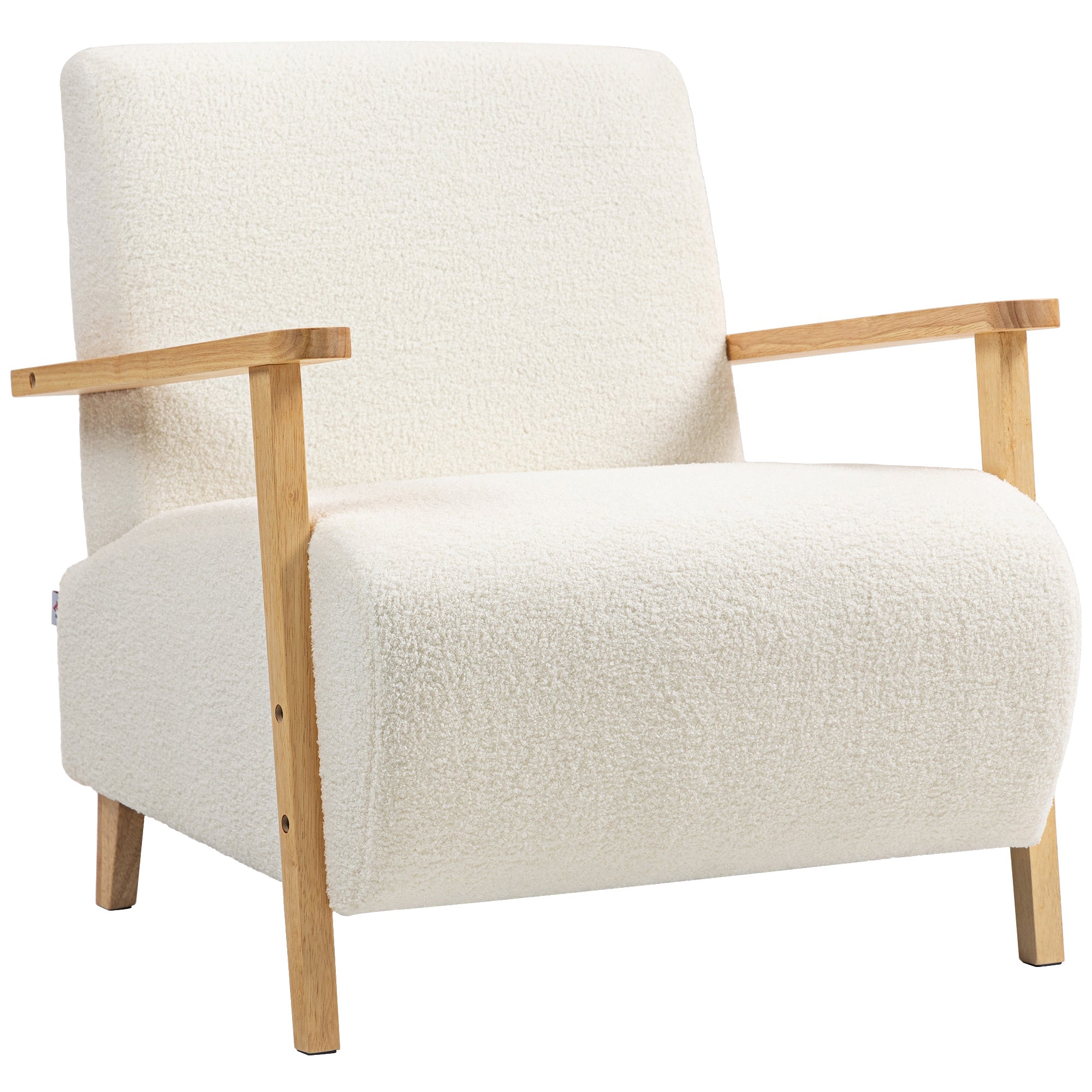 Fauteuil salon, fauteuil 1 place, style nordique, tissu effet laine bouclée, structure en bois massif, pour salon, chambre à coucher, salle d'étude, crème