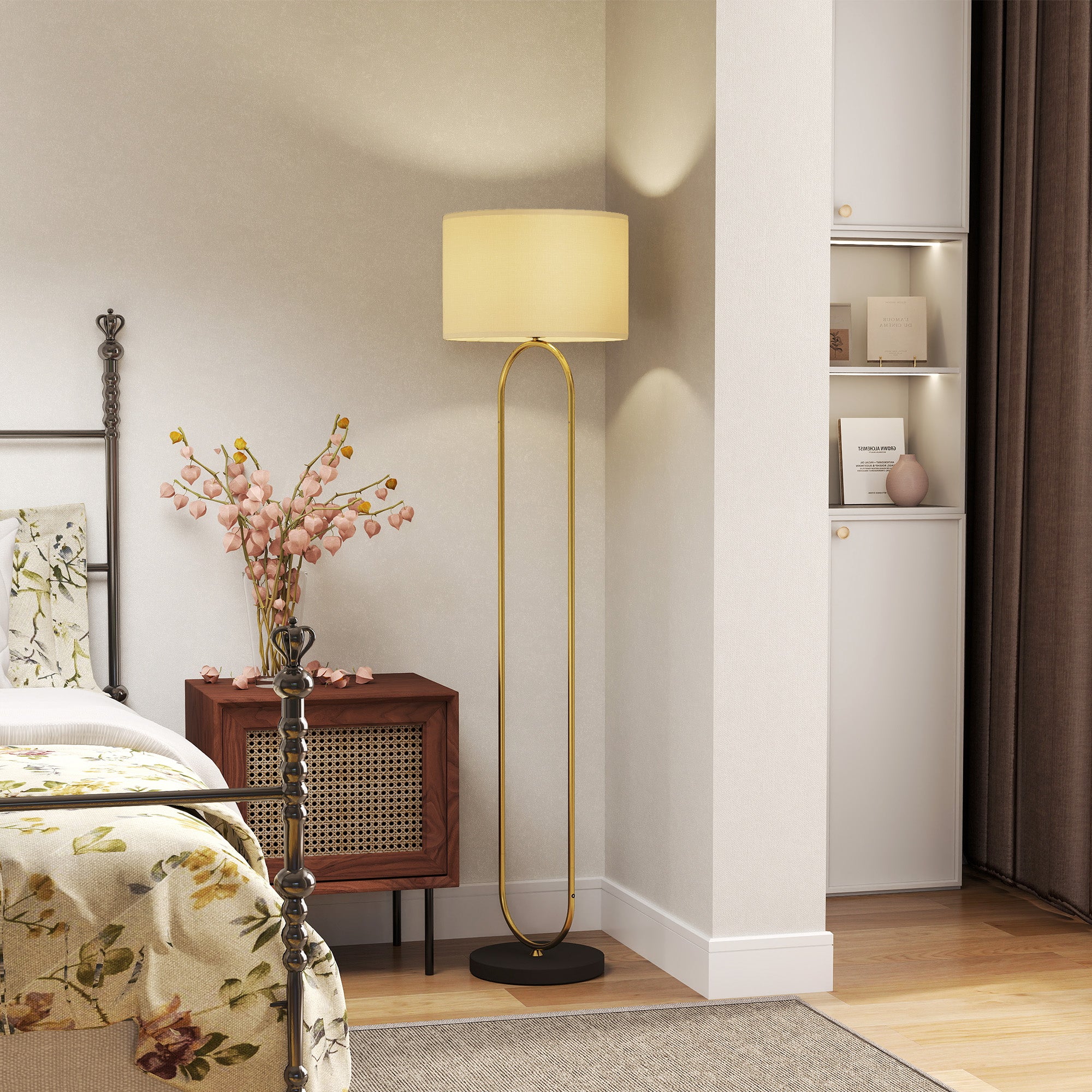 Lampadaire lampe sur pied de salon abat-jour en lin douille E27 style moderne lampadaire sur pied avec interrupteur pour salon et chambre 156 cm doré et noir