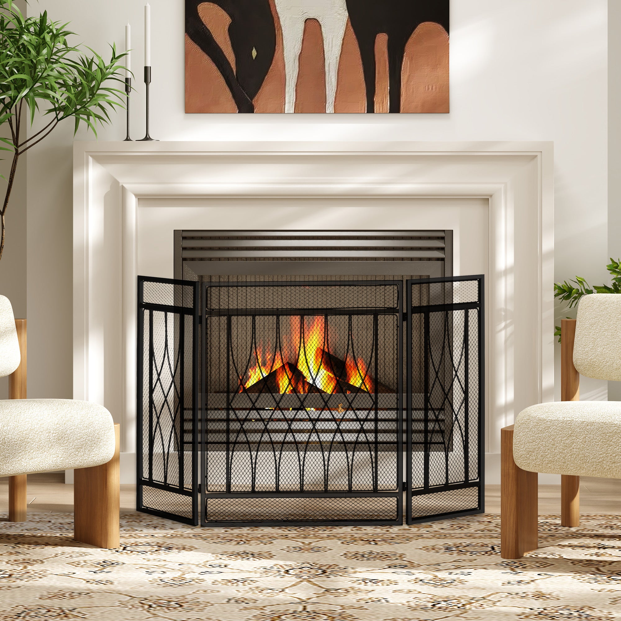 Grille de Protection pour cheminée - Pare-feu Large pour cheminée ou poêle - Pare-étincelles - barrière de sécurité - 3 Volets Pliables - métal Noir