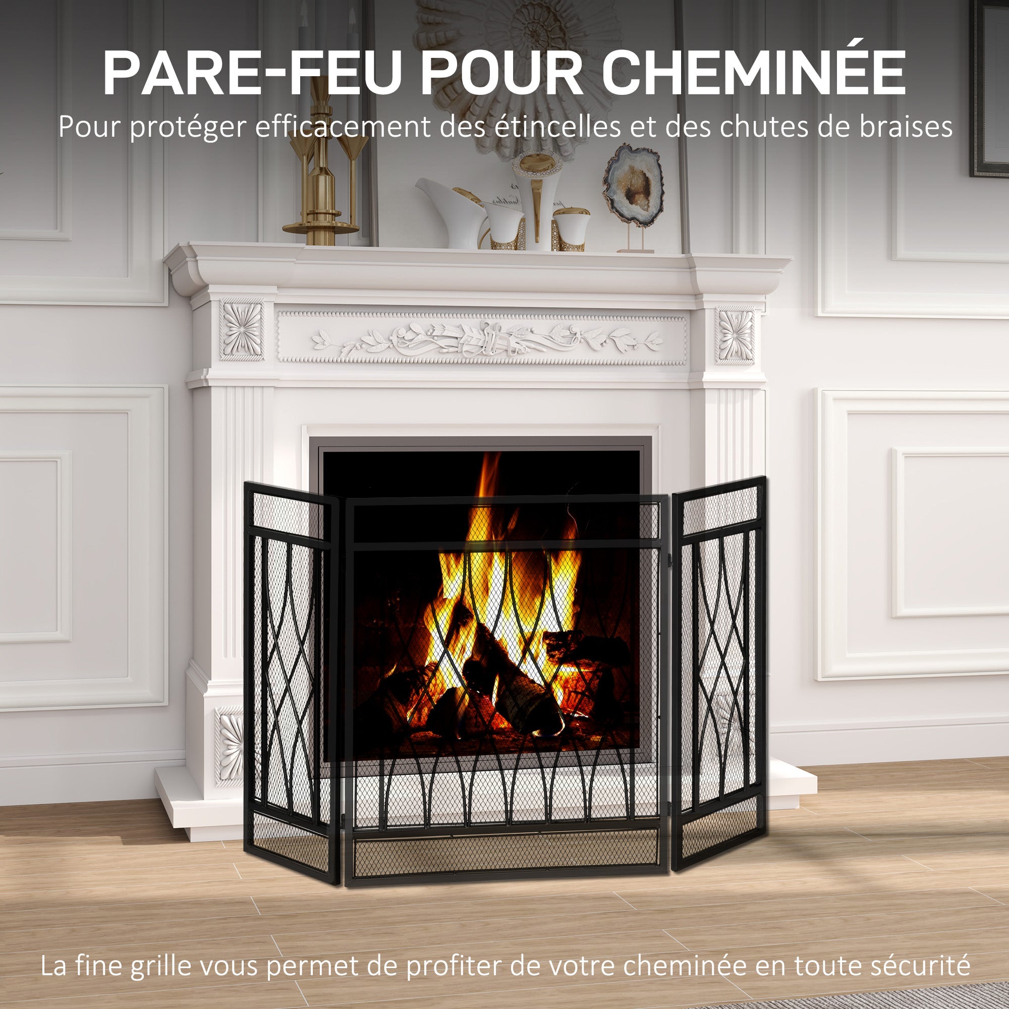 Grille de Protection pour cheminée - Pare-feu Large pour cheminée ou poêle - Pare-étincelles - barrière de sécurité - 3 Volets Pliables - métal Noir