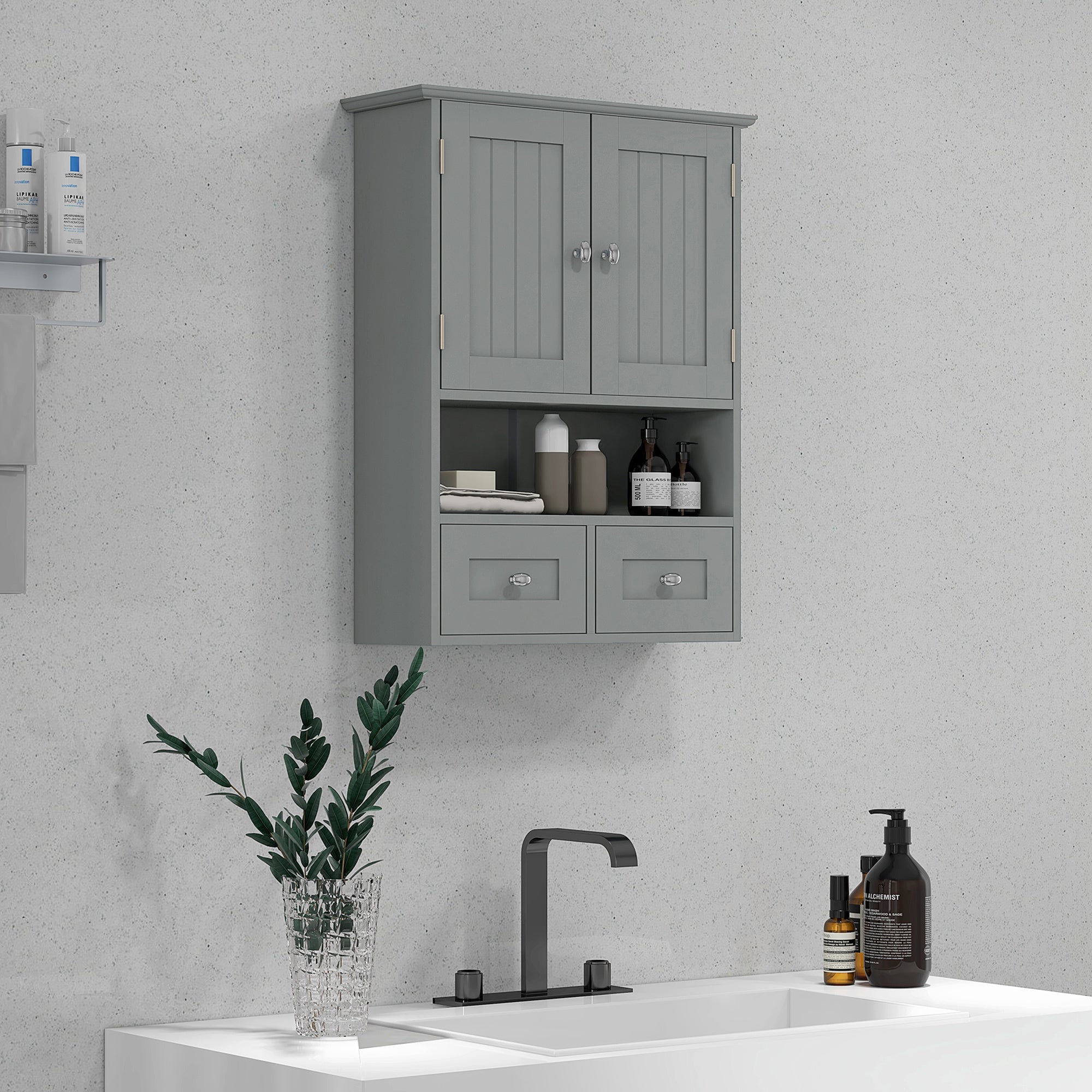 Armoire murale de salle de bain, armoire de toilette, avec portes doubles, étagère ouverte, 2 tiroirs pour ranger, 50,8l x 17,8P x 66H cm, gris