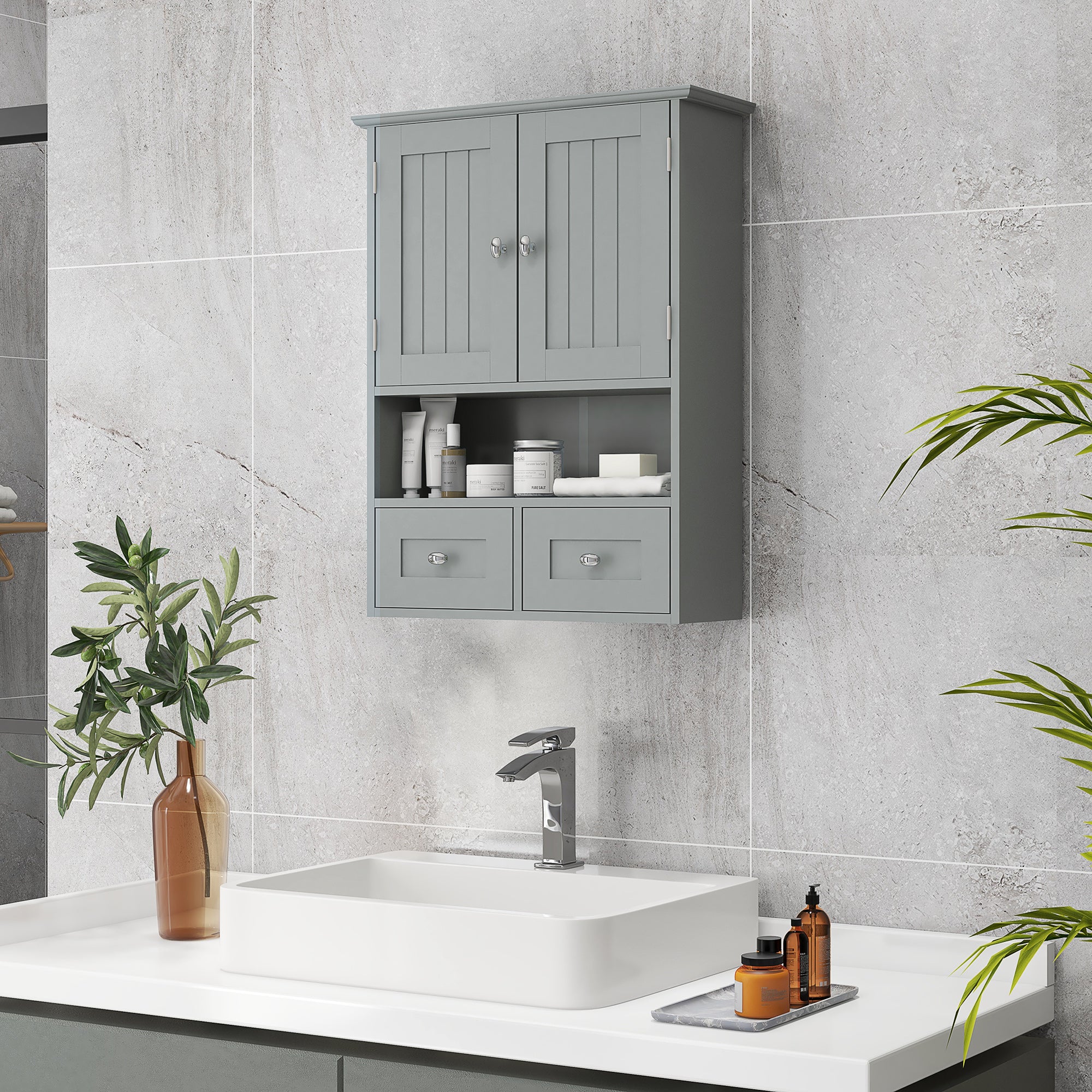 Armoire murale de salle de bain, armoire de toilette, avec portes doubles, étagère ouverte, 2 tiroirs pour ranger, 50,8l x 17,8P x 66H cm, gris