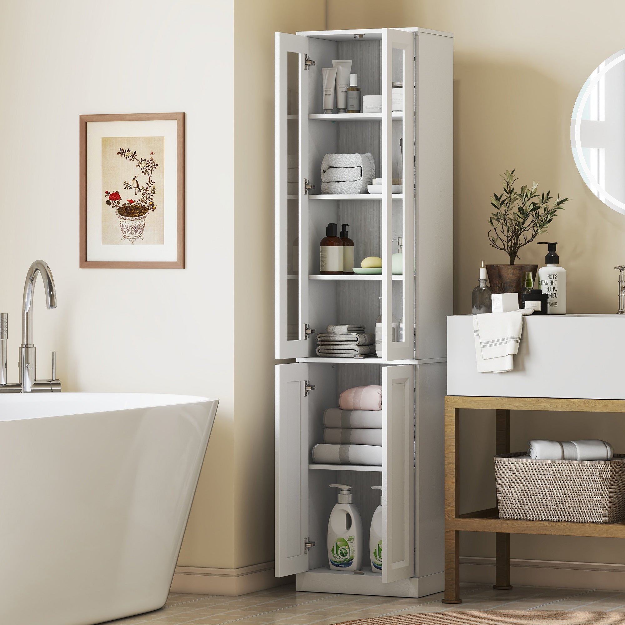 Meuble de Salle de Bain 6 niveaux, Meuble de Rangement, Colonne Salle de Bain, 4 Portes à Fermeture Douce dont 2 Acrylique, Étagères Réglables, pour Salon, Chambre, Buanderie, 38x26x160cm Blanc