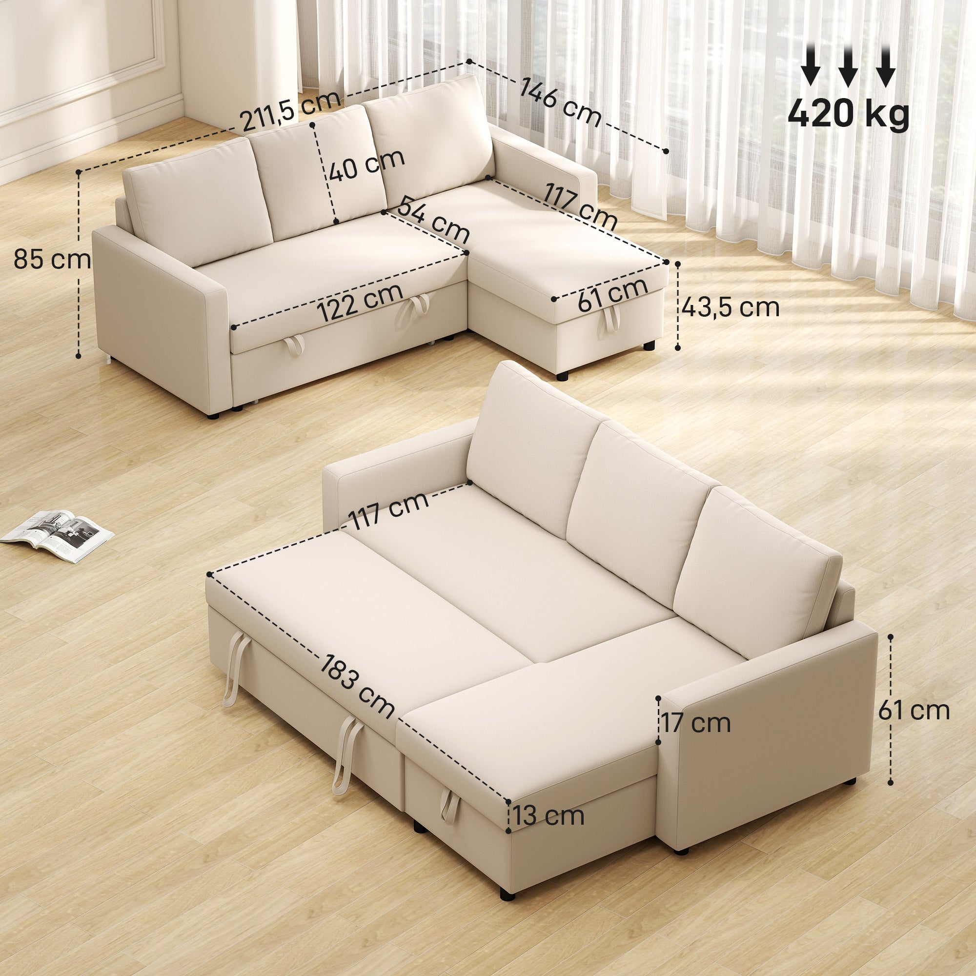 Canapé d'angle convertible canapé lit canapé 3 places modulable avec méridienne réversible, coffre de rangement intégré et 3 coussins de dossier, tissu aspect lin, crème