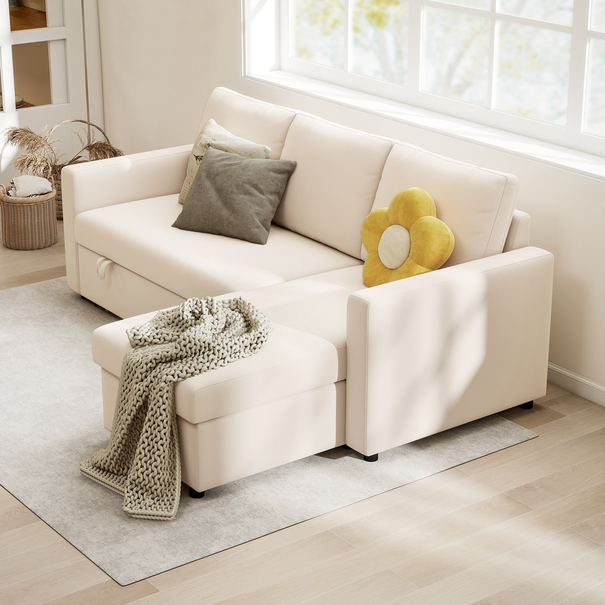 Canapé d'angle convertible canapé lit canapé 3 places modulable avec méridienne réversible, coffre de rangement intégré et 3 coussins de dossier, tissu aspect lin, crème