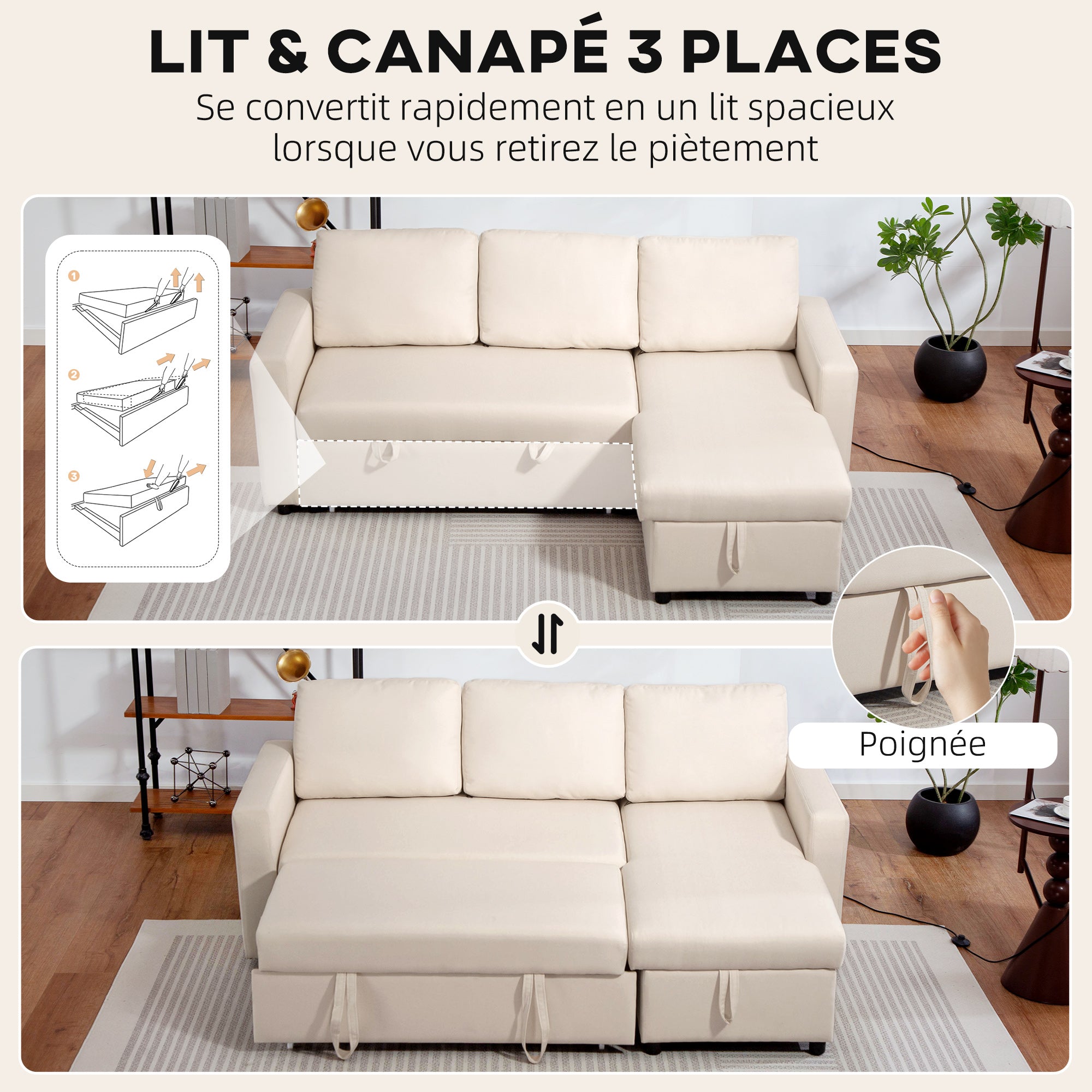 Canapé d'angle convertible canapé lit canapé 3 places modulable avec méridienne réversible, coffre de rangement intégré et 3 coussins de dossier, tissu aspect lin, crème