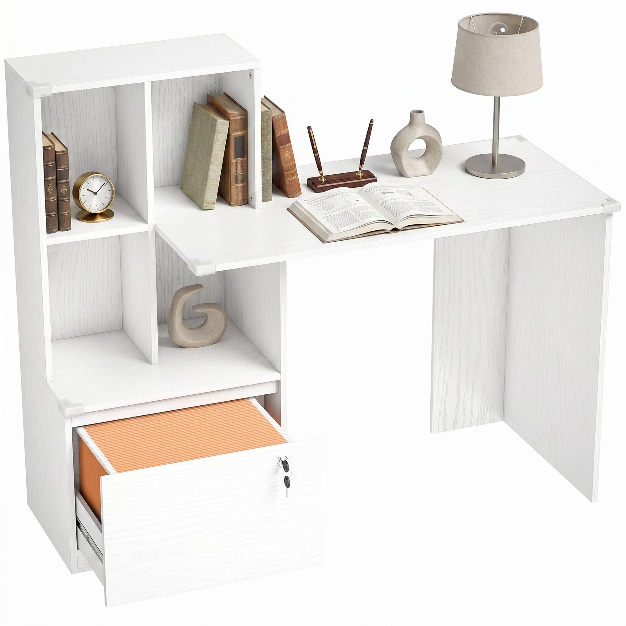 Bureau d'ordinateur avec bibliothèque 4 compartiments et tiroir verrouillable à dossiers, patins anti-collision, table informatique pour chambre salle d'étude, 126x50x109cm, grain de bois blanc