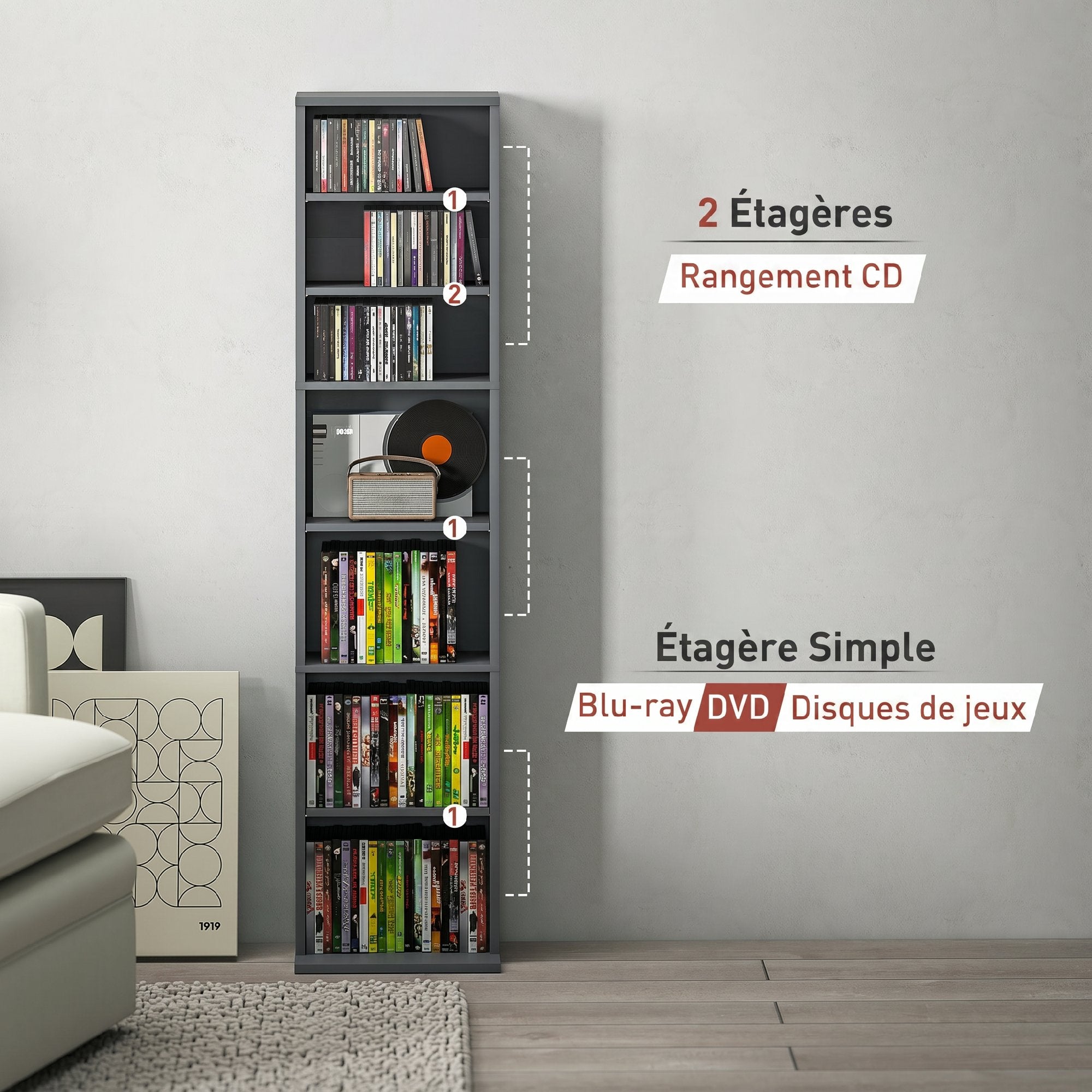 Rangements pour CD et DVD, meuble de rangement multimédia, capacité max. 260 CD/120 DVD, 9 compartiments et 6 étagères réglables, pour salon, chambre, bureau, 33 x 24 x 140 cm, gris