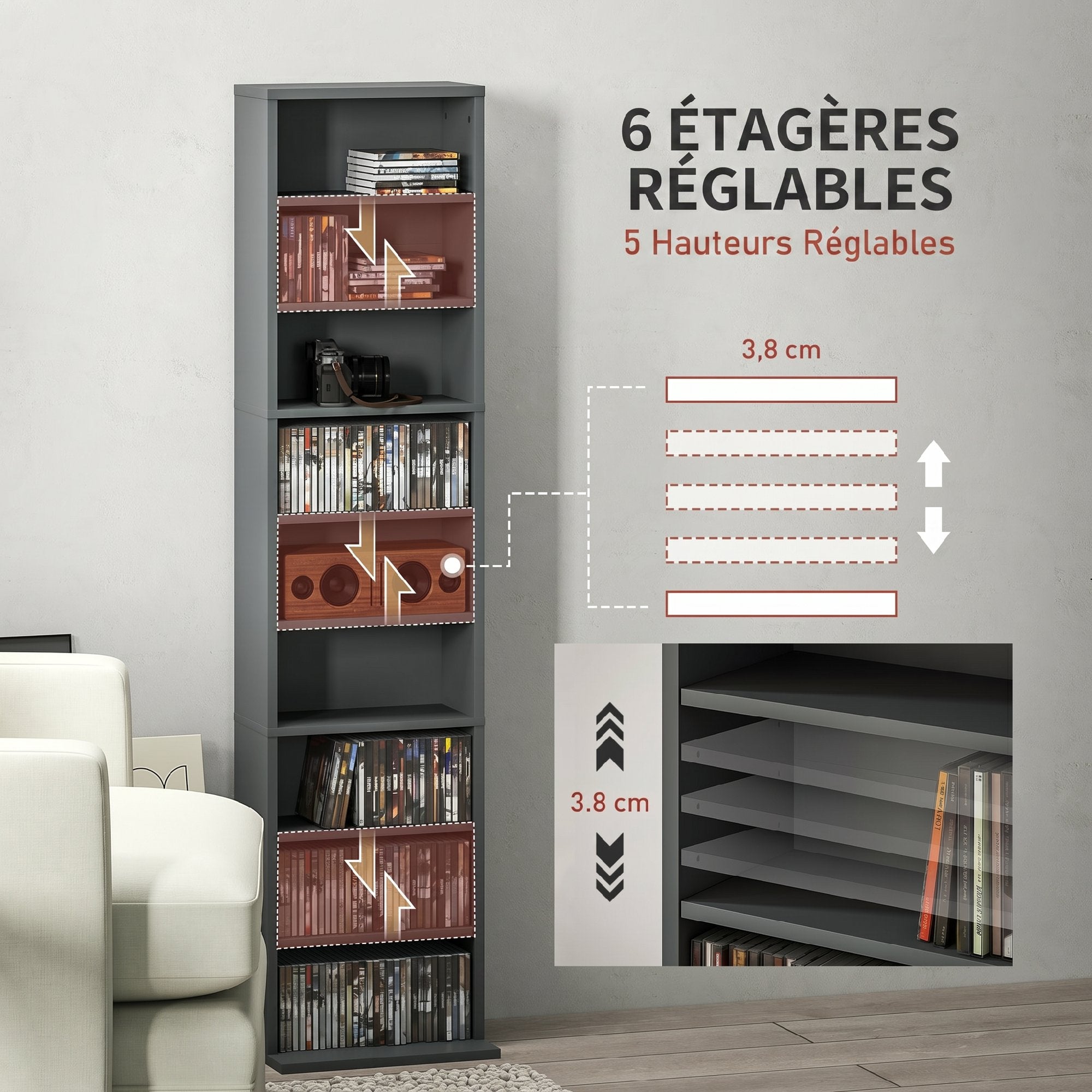 Rangements pour CD et DVD, meuble de rangement multimédia, capacité max. 260 CD/120 DVD, 9 compartiments et 6 étagères réglables, pour salon, chambre, bureau, 33 x 24 x 140 cm, gris