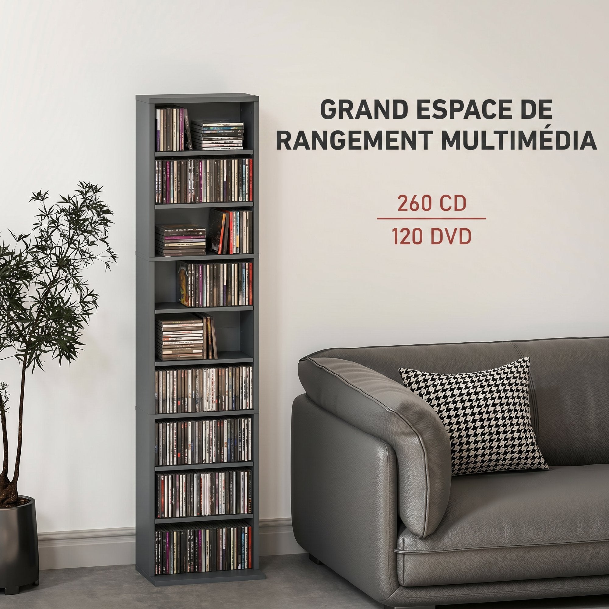 Rangements pour CD et DVD, meuble de rangement multimédia, capacité max. 260 CD/120 DVD, 9 compartiments et 6 étagères réglables, pour salon, chambre, bureau, 33 x 24 x 140 cm, gris