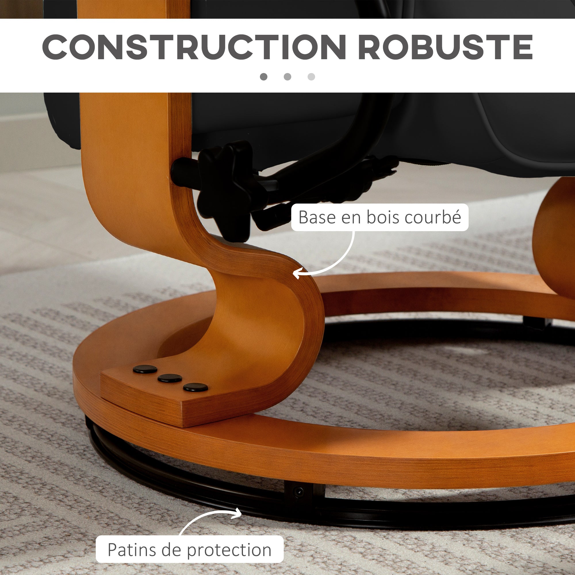 Fauteuil de relaxation inclinable avec repose-pied fauteuil relax de salon pivotant, cadre en bois revêtement synthétique 76 x 85 x 104 cm noir