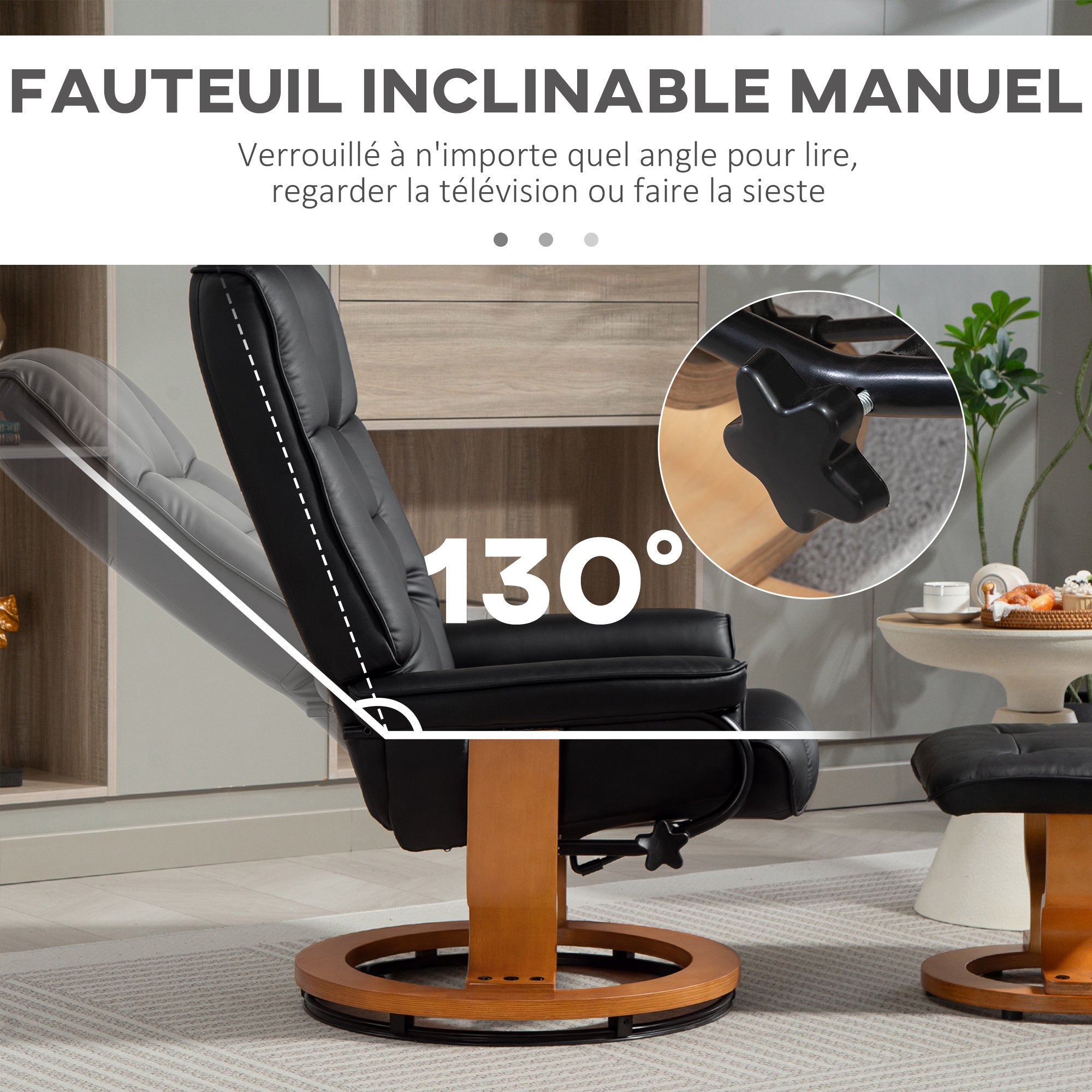 Fauteuil de relaxation inclinable avec repose-pied fauteuil relax de salon pivotant, cadre en bois revêtement synthétique 76 x 85 x 104 cm noir
