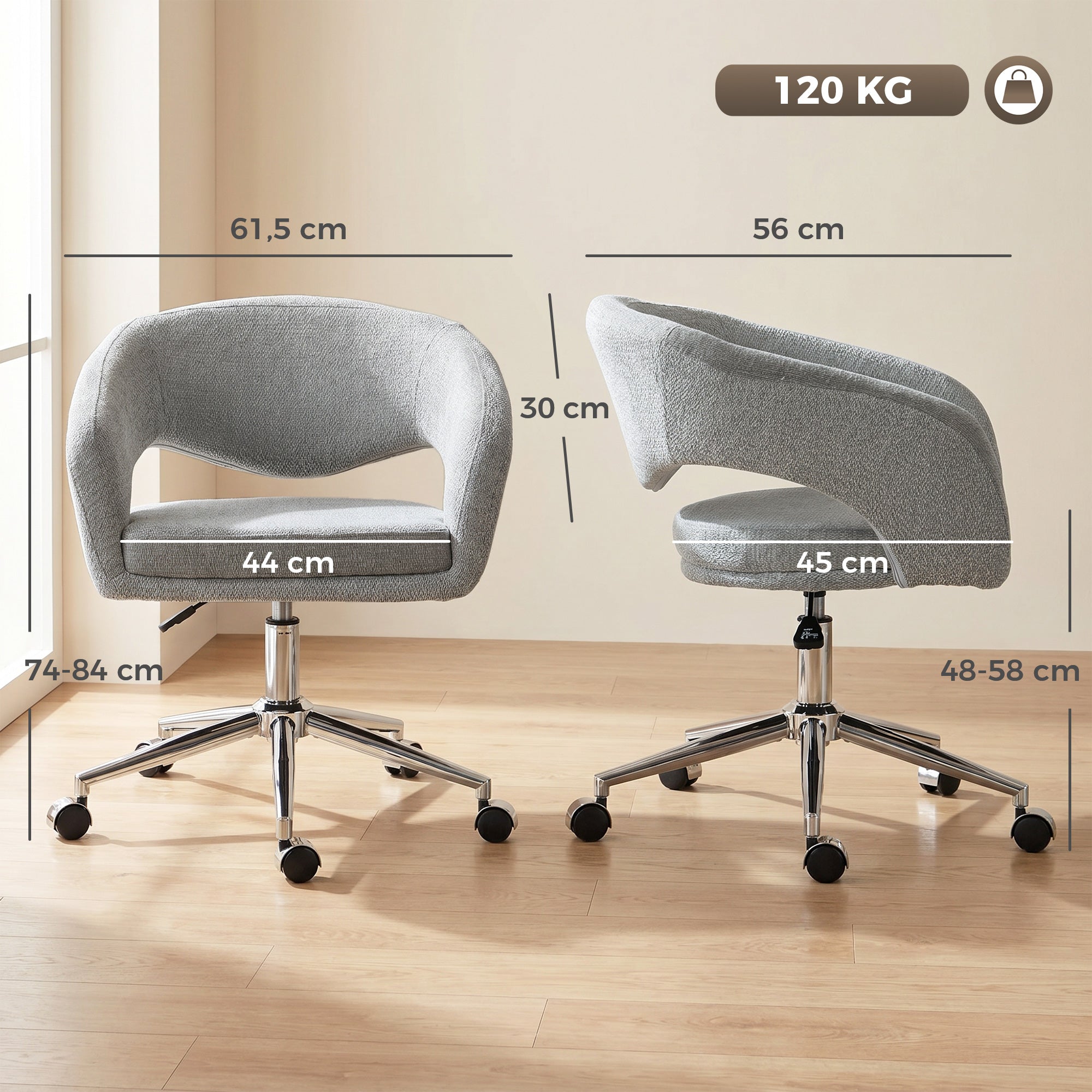 Chaise Bureau Ergonomique, Fauteuil de Bureau en Chenille avec Hauteur Réglable, Dossier Incurvé, Accoudoirs Intégrés et Pivotant à 360°, pour Bureau, Salon, Chambre, Gris