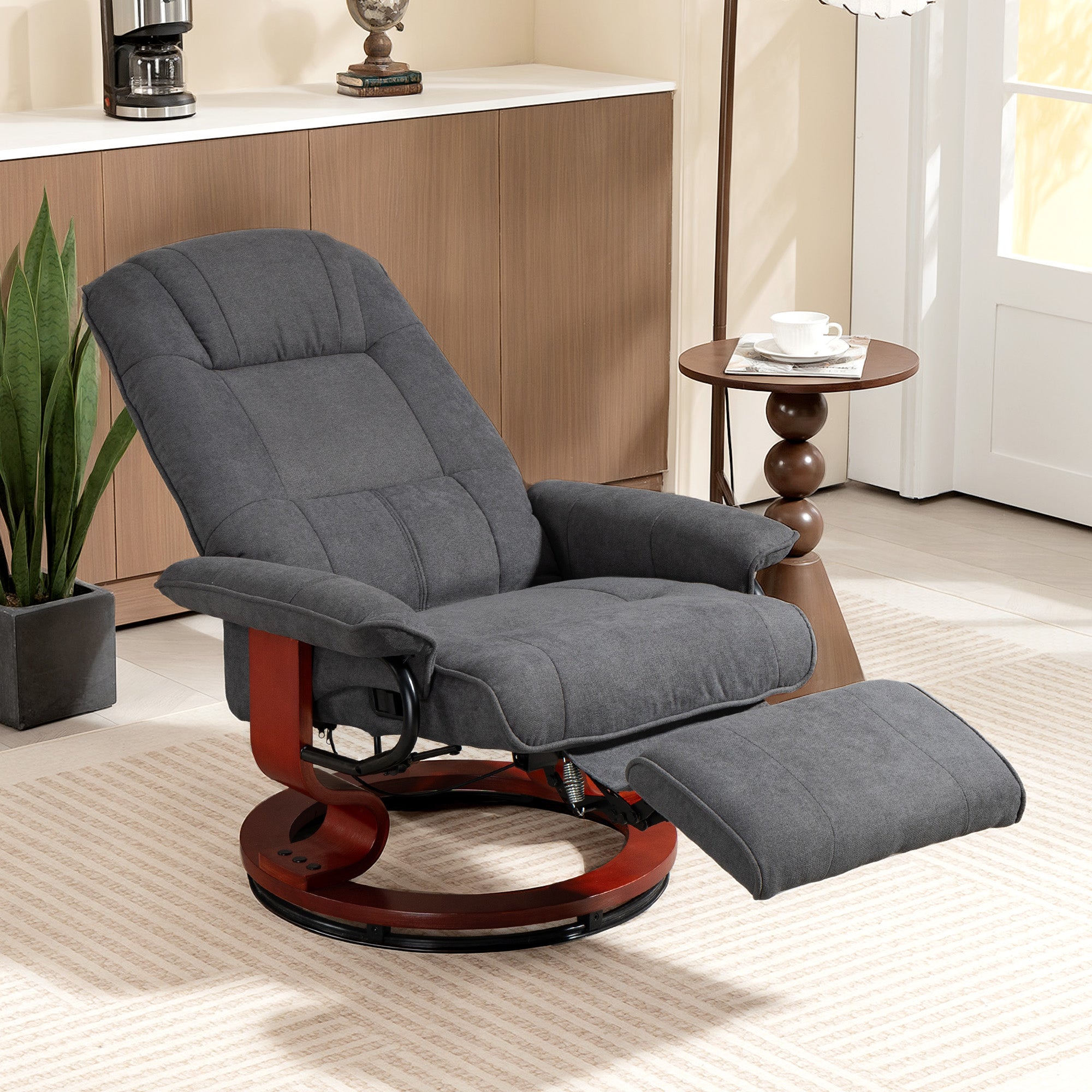 Fauteuil relax inclinable fauteuil de salon repose-pieds réglable pivotant 360° piètement bois tissu aspect lin gris