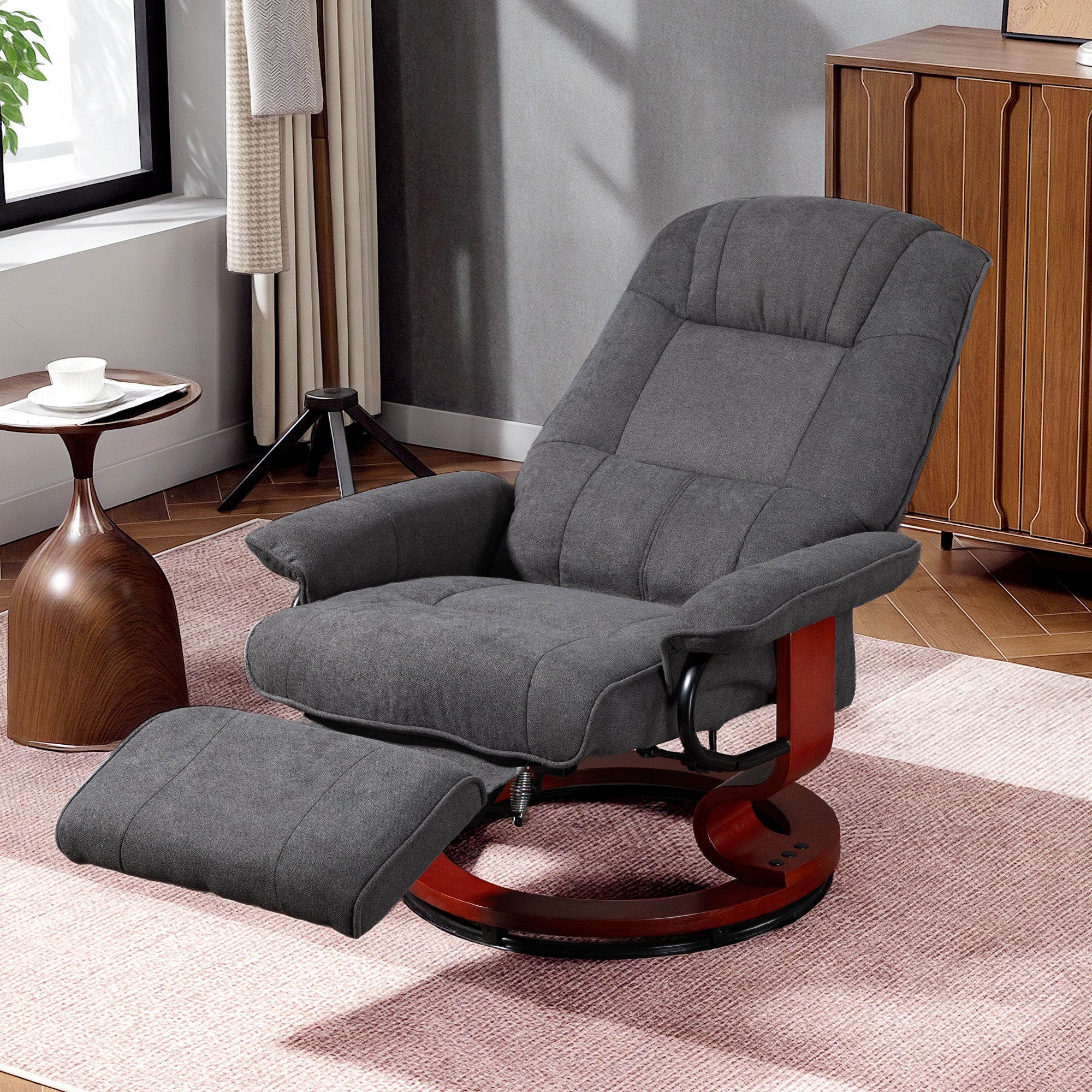 Fauteuil relax inclinable fauteuil de salon repose-pieds réglable pivotant 360° piètement bois tissu aspect lin gris