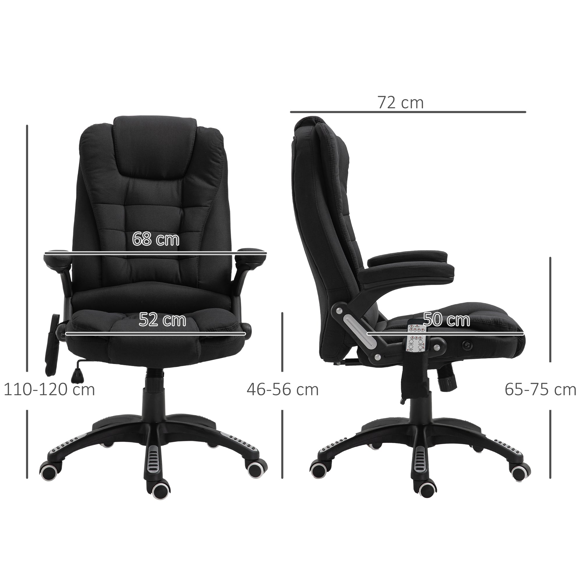 Fauteuil de bureau massant et chauffant, chaise de bureau, chaise ergonomique avec hauteur réglable, dossier inclinable et télécommande filaire, pivotant à 360° tissu en polyester noir