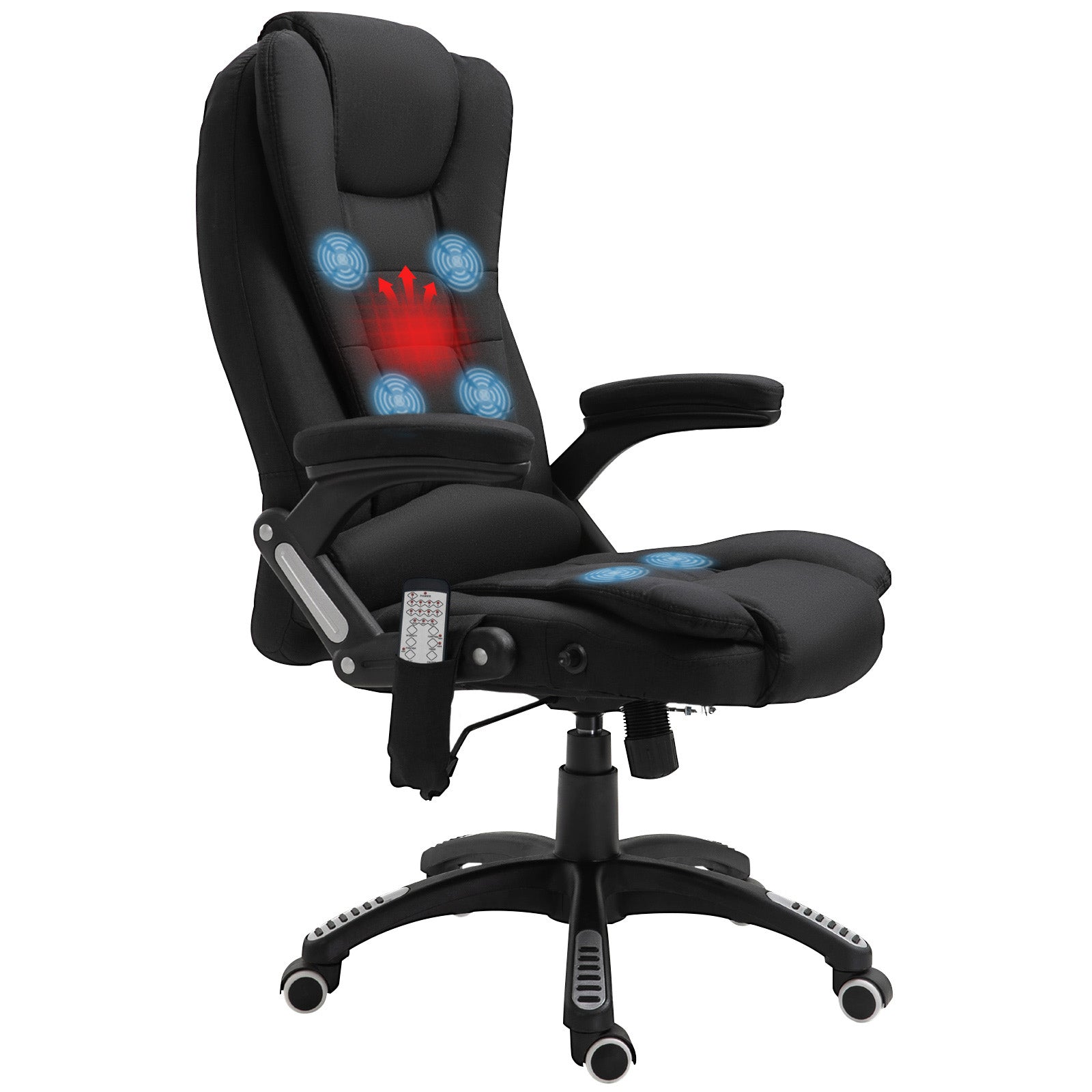 Fauteuil de bureau massant et chauffant, chaise de bureau, chaise ergonomique avec hauteur réglable, dossier inclinable et télécommande filaire, pivotant à 360° tissu en polyester noir