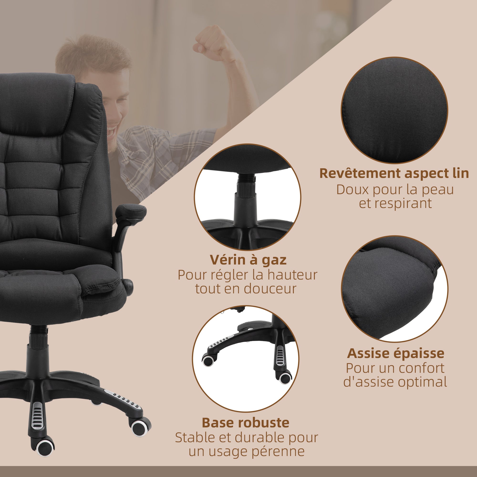 Fauteuil de bureau massant et chauffant, chaise de bureau, chaise ergonomique avec hauteur réglable, dossier inclinable et télécommande filaire, pivotant à 360° tissu en polyester noir