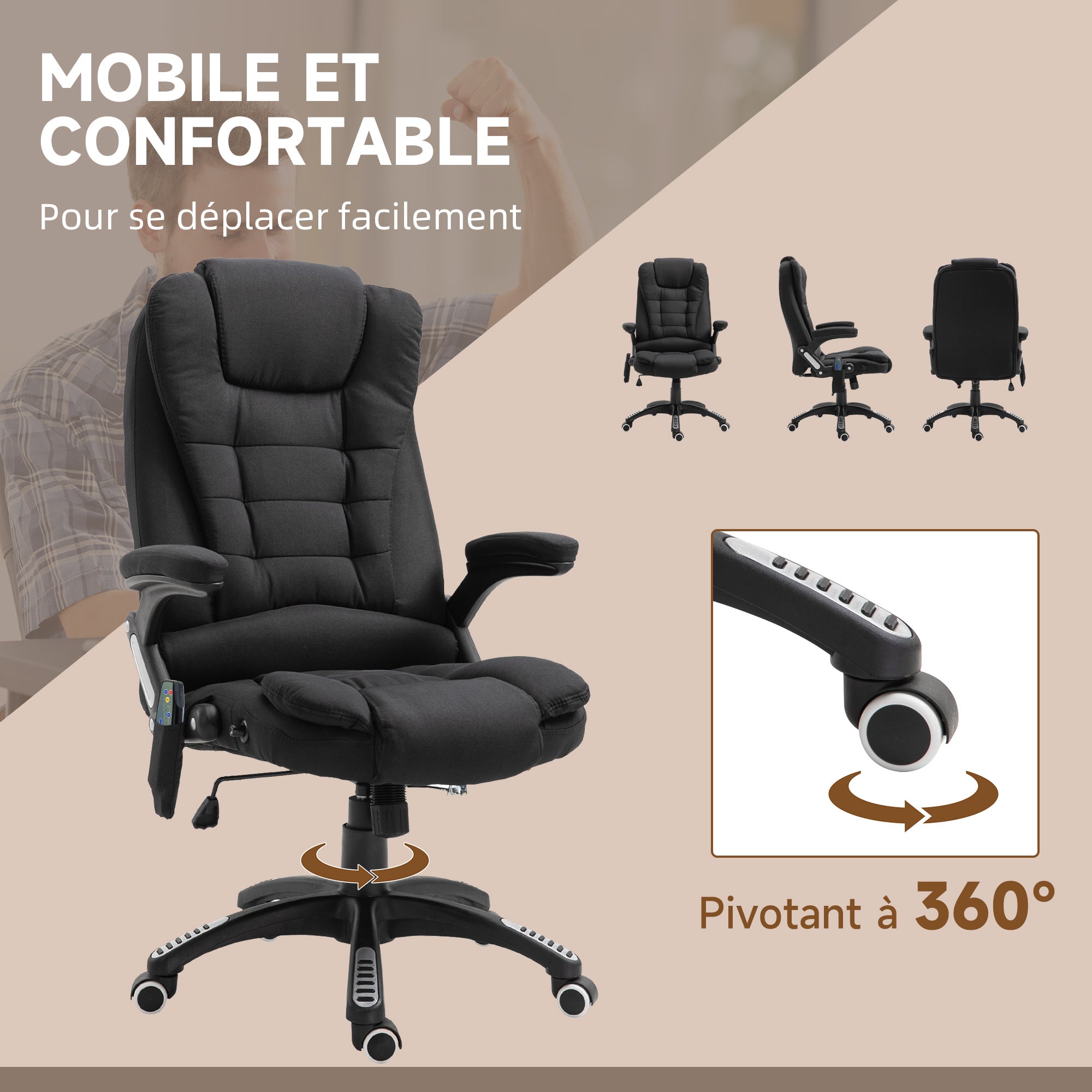Fauteuil de bureau massant et chauffant, chaise de bureau, chaise ergonomique avec hauteur réglable, dossier inclinable et télécommande filaire, pivotant à 360° tissu en polyester noir
