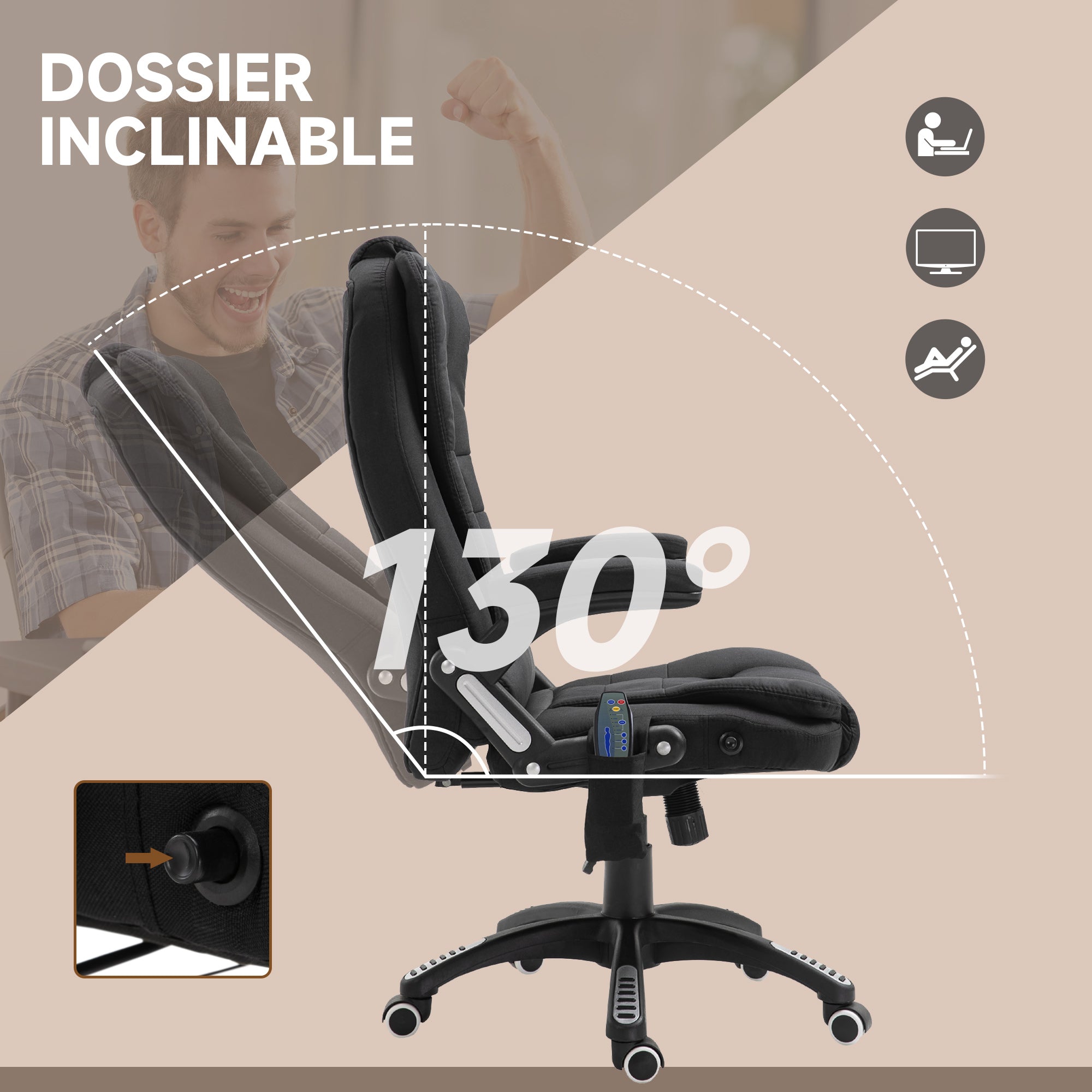 Fauteuil de bureau massant et chauffant, chaise de bureau, chaise ergonomique avec hauteur réglable, dossier inclinable et télécommande filaire, pivotant à 360° tissu en polyester noir