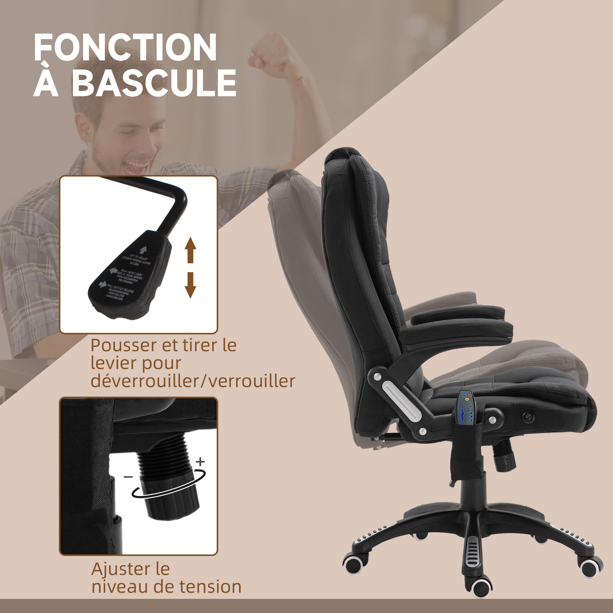 Fauteuil de bureau massant et chauffant, chaise de bureau, chaise ergonomique avec hauteur réglable, dossier inclinable et télécommande filaire, pivotant à 360° tissu en polyester noir