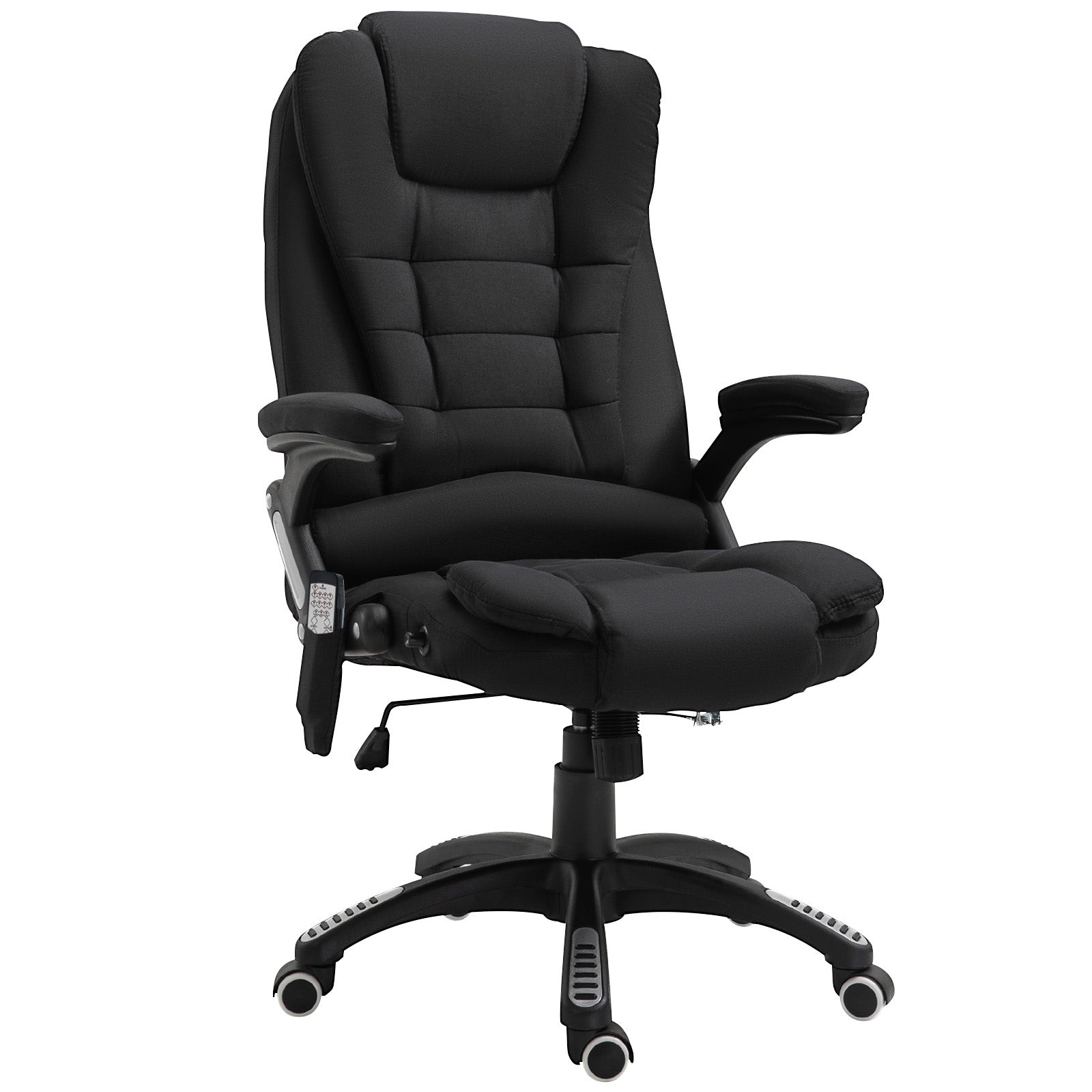 Fauteuil de bureau massant et chauffant, chaise de bureau, chaise ergonomique avec hauteur réglable, dossier inclinable et télécommande filaire, pivotant à 360° tissu en polyester noir