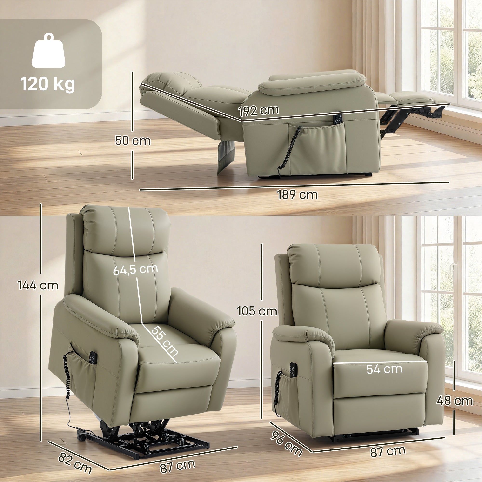 Fauteuil releveur électrique, fauteuil relax électrique, double moteur, dossier inclinable, coussin à ressorts, larges accoudoirs, repose-pied, roulettes, télécommande, poches latérales, crème
