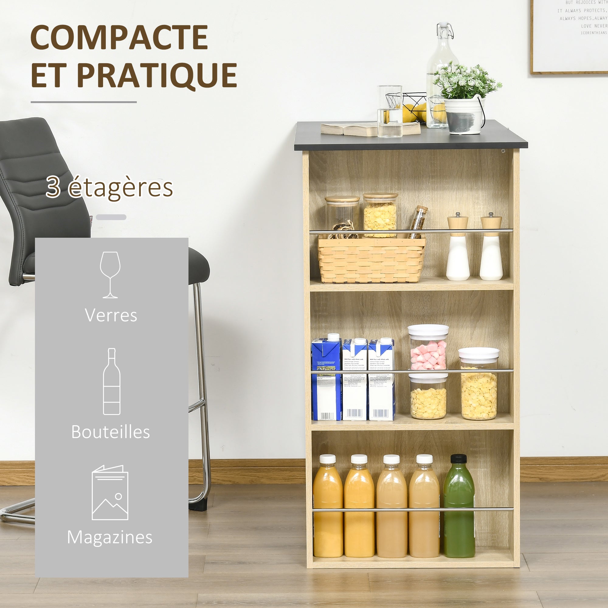 Table de bar table haute de cuisine mange-debout comptoir - dim. 112L x 57l x 106H cm - 3 étagères - aspect chêne clair noir