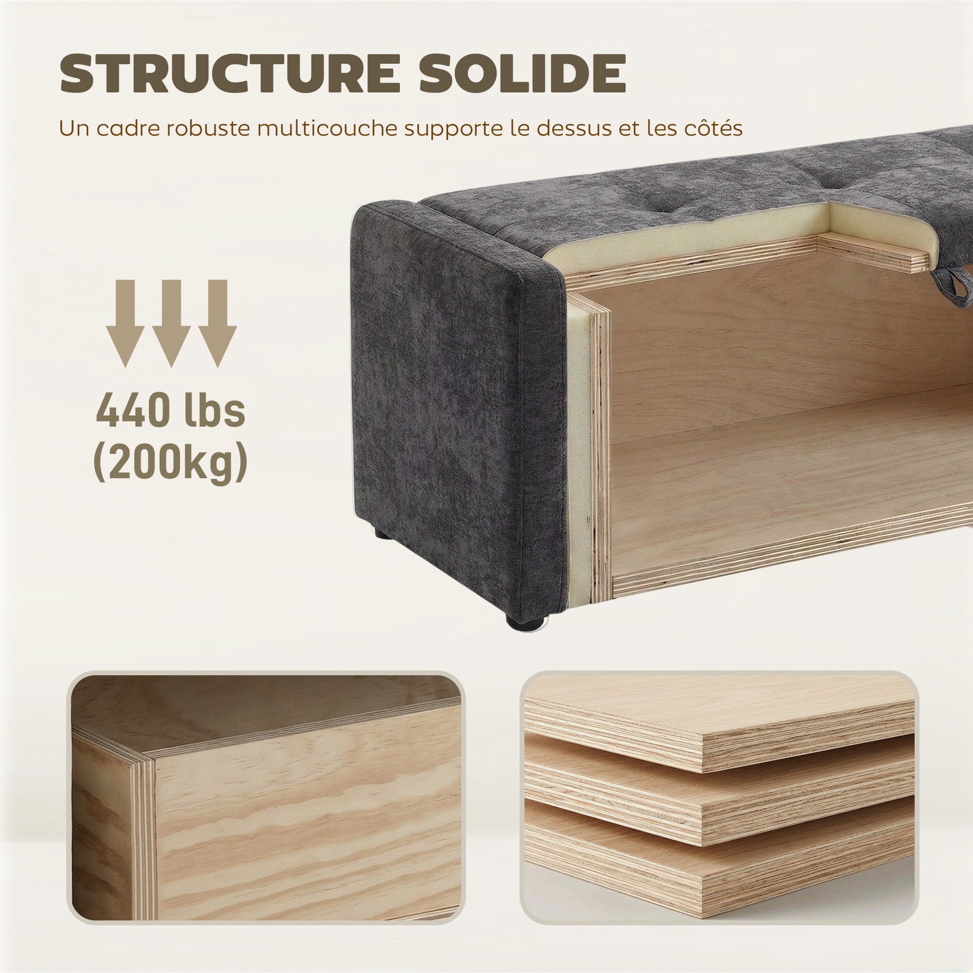 Banc de rangement, bout de lit, repose-pieds rembourré en lin avec assise large et confortable, coffre de rangement pour salon, chambre, entrée, 122 x 48 x 44 cm, gris foncé