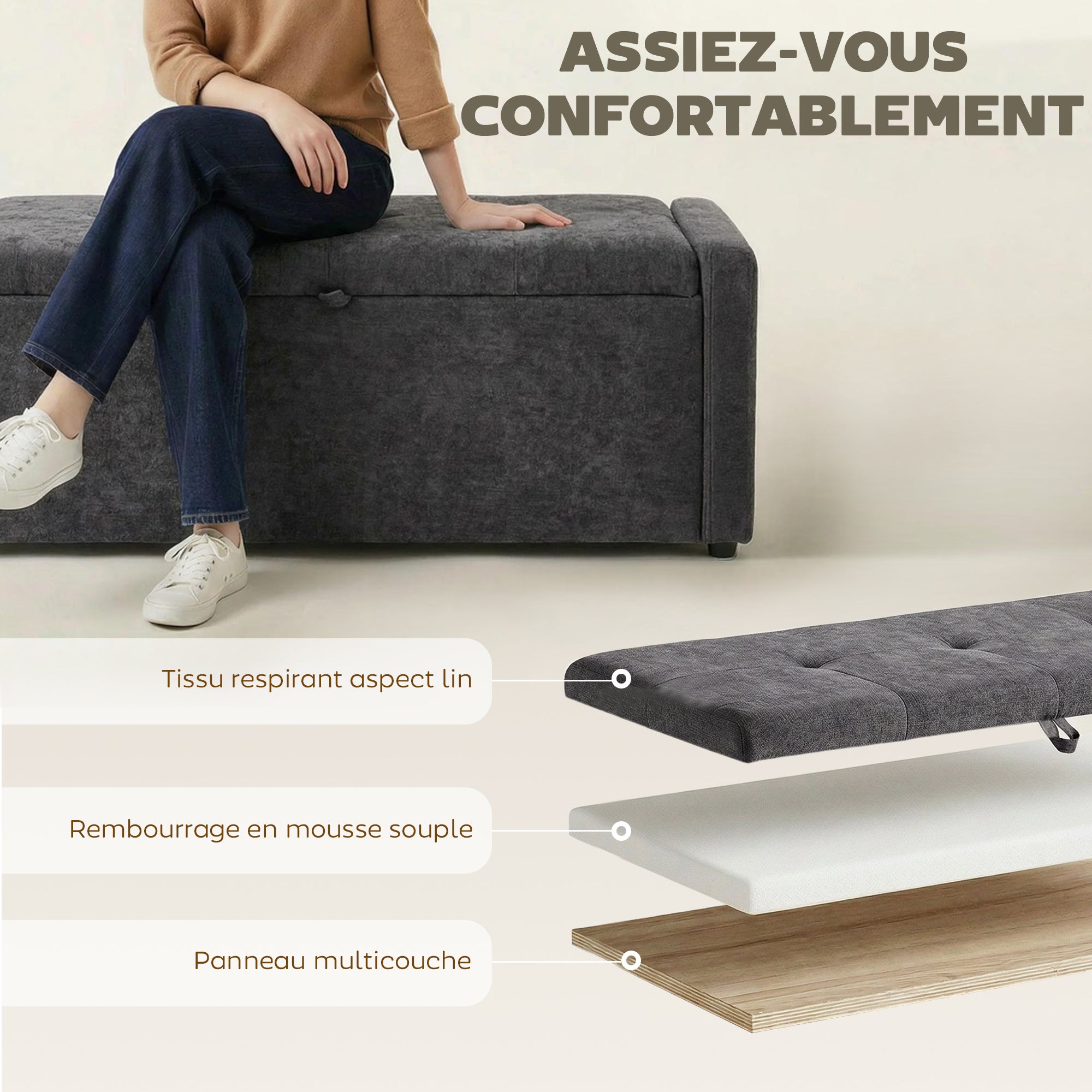 Banc de rangement, bout de lit, repose-pieds rembourré en lin avec assise large et confortable, coffre de rangement pour salon, chambre, entrée, 122 x 48 x 44 cm, gris foncé