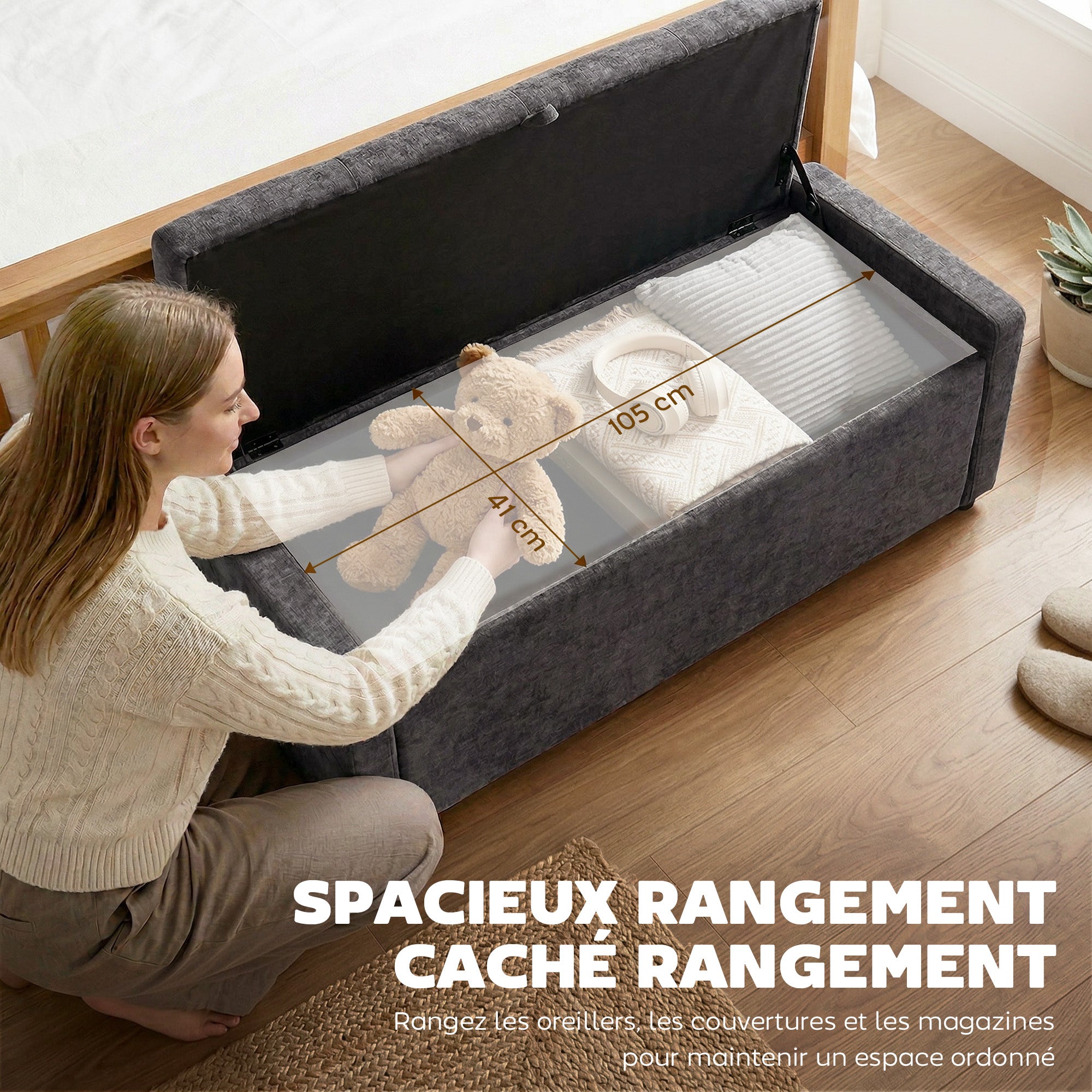 Banc de rangement, bout de lit, repose-pieds rembourré en lin avec assise large et confortable, coffre de rangement pour salon, chambre, entrée, 122 x 48 x 44 cm, gris foncé