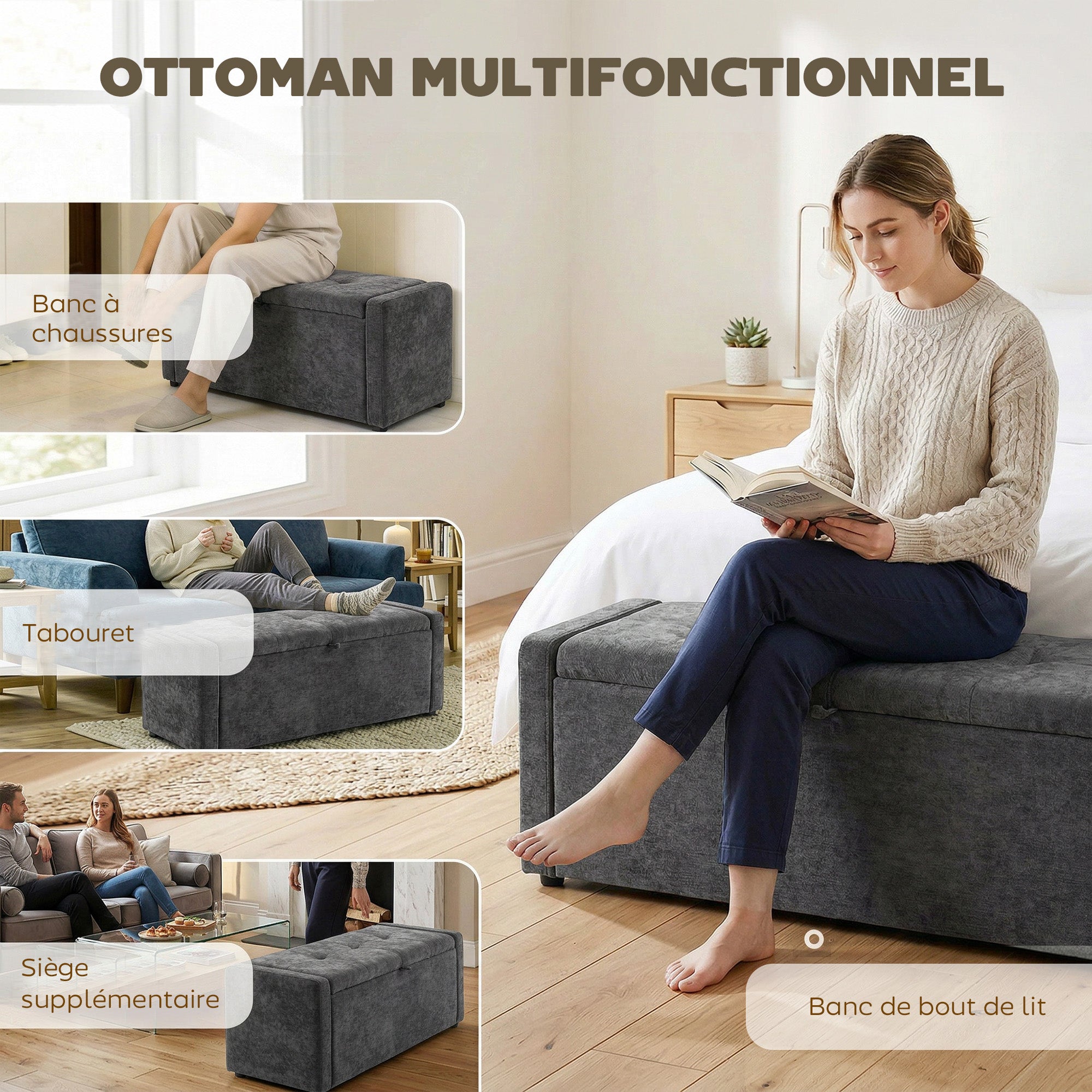 Banc de rangement, bout de lit, repose-pieds rembourré en lin avec assise large et confortable, coffre de rangement pour salon, chambre, entrée, 122 x 48 x 44 cm, gris foncé