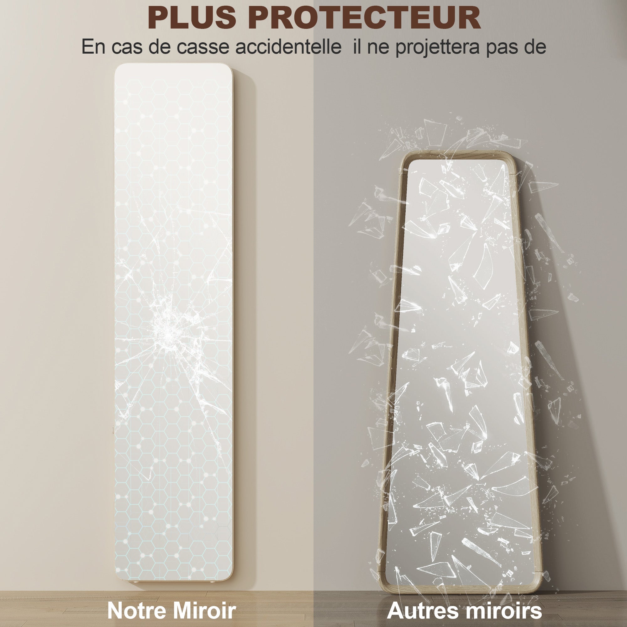 Grand miroir pleine longueur rectangulaire, 37 x 160 cm - miroir sur pied ou mural - pour chambre à coucher, salon et dressing, bois naturel