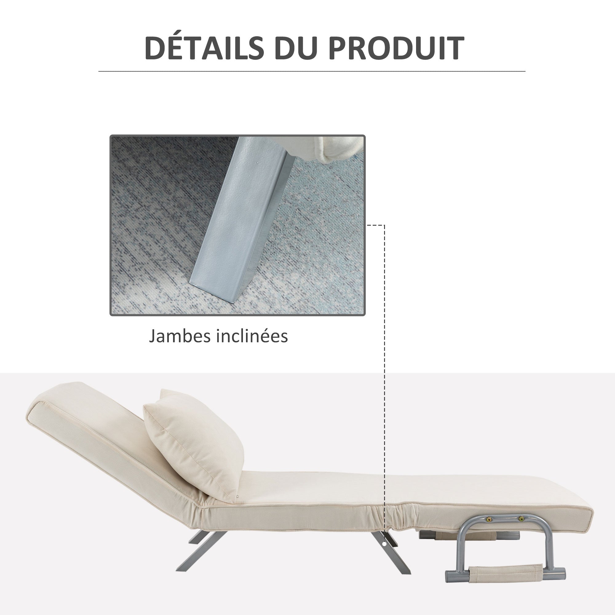 Fauteuil chauffeuse canapé-lit Convertible 1 Place déhoussable Grand Confort Coussin Pieds accoudoirs métal suède blanc