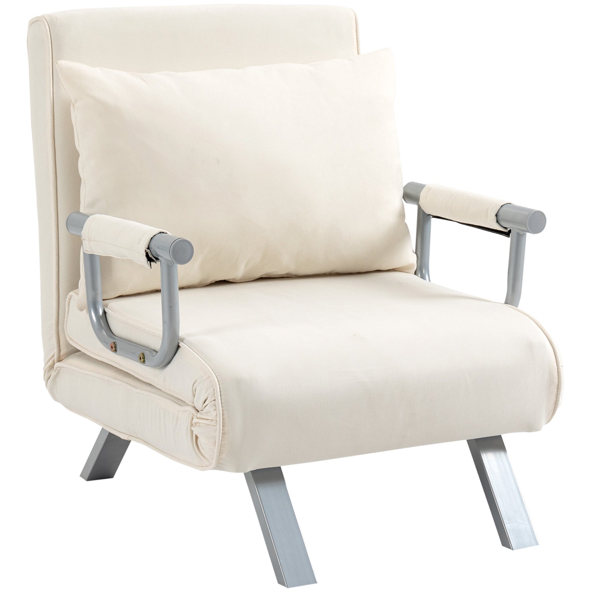 Fauteuil chauffeuse canapé-lit Convertible 1 Place déhoussable Grand Confort Coussin Pieds accoudoirs métal suède blanc